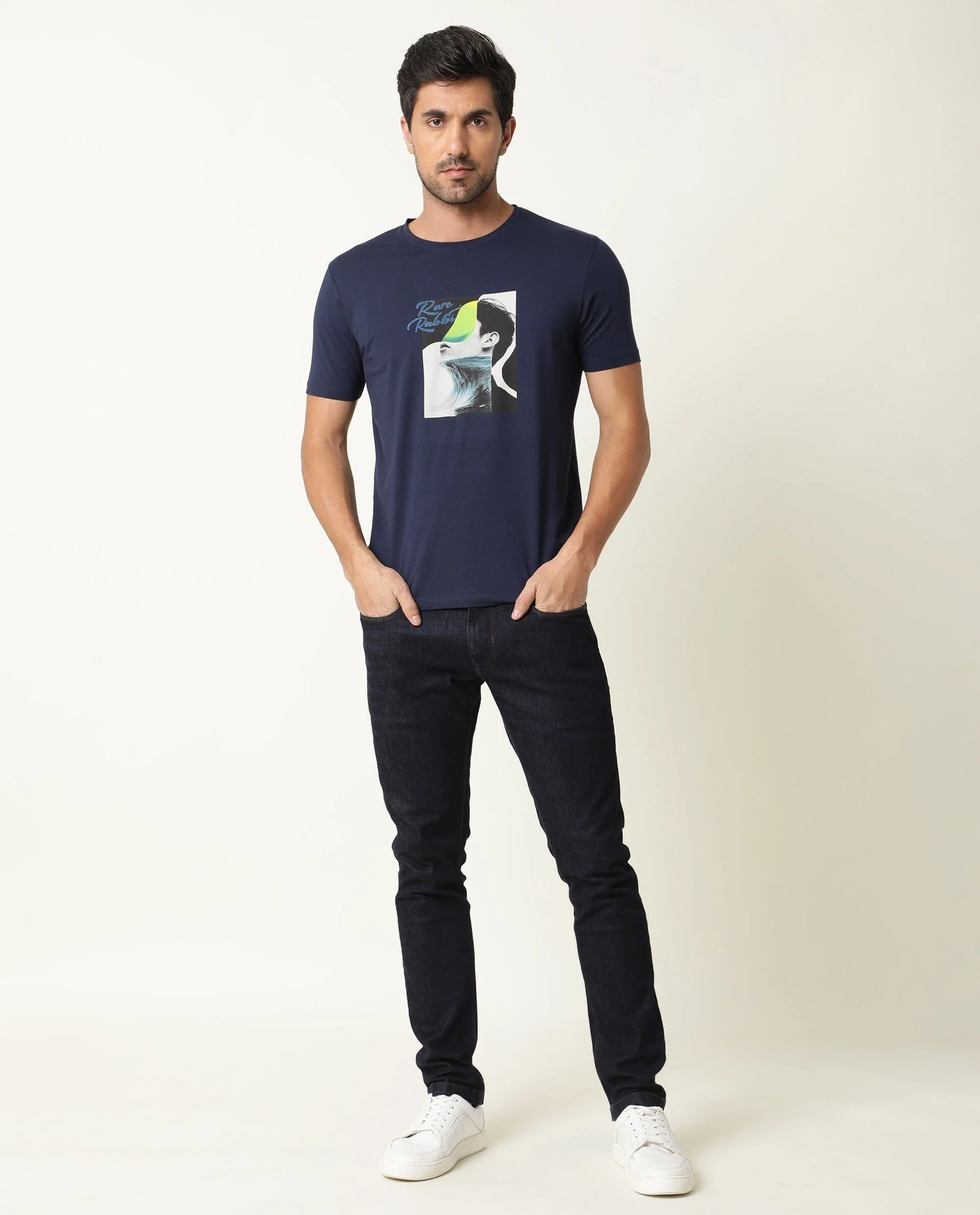 Rare Rabbit Men's Minx Navy Cotton Graphic Print Slim Fit Half Sleeve Crew Neck T-Shirt - Image 4