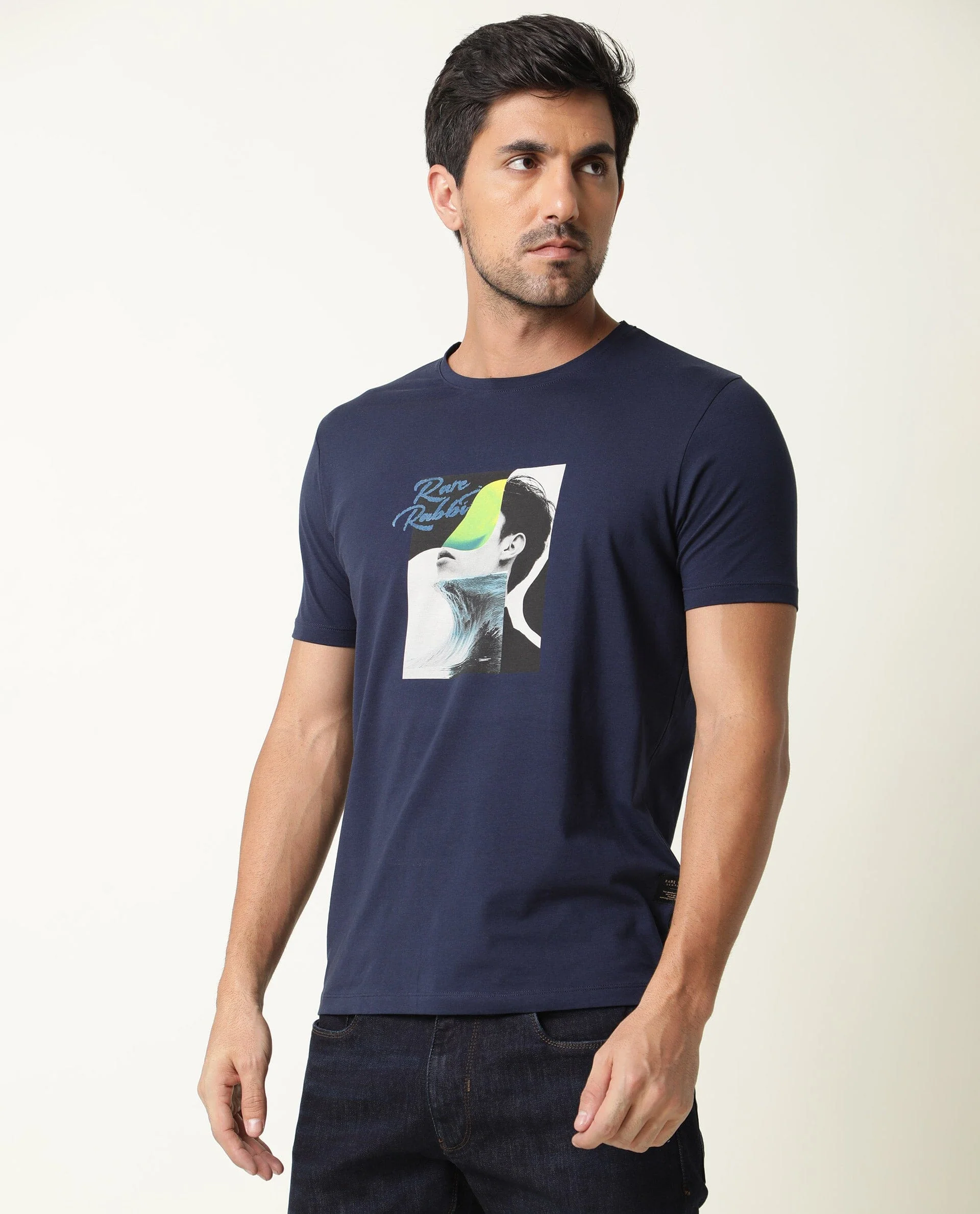 Rare Rabbit Men's Minx Navy Cotton Graphic Print Slim Fit Half Sleeve Crew Neck T-Shirt - Image 5