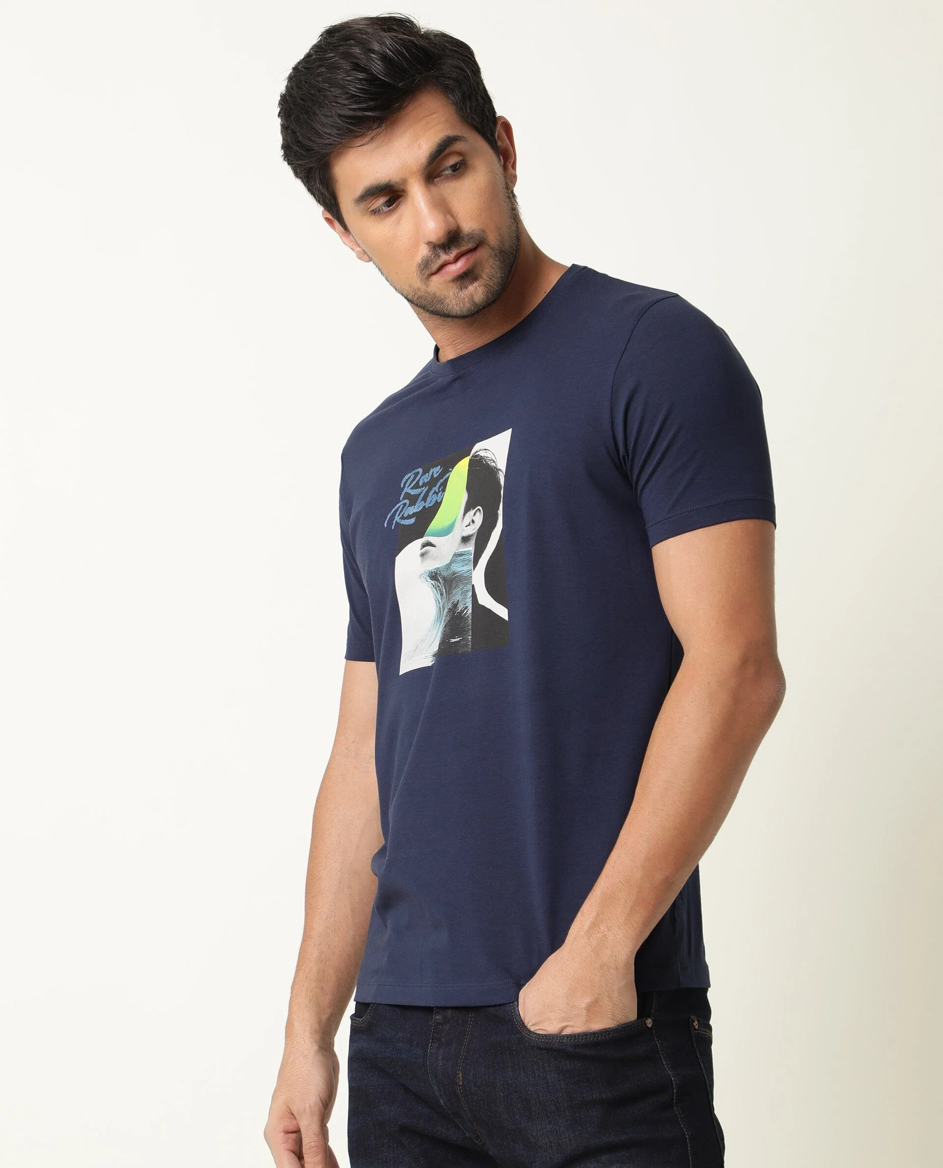 Rare Rabbit Men's Minx Navy Cotton Graphic Print Slim Fit Half Sleeve Crew Neck T-Shirt - Image 6