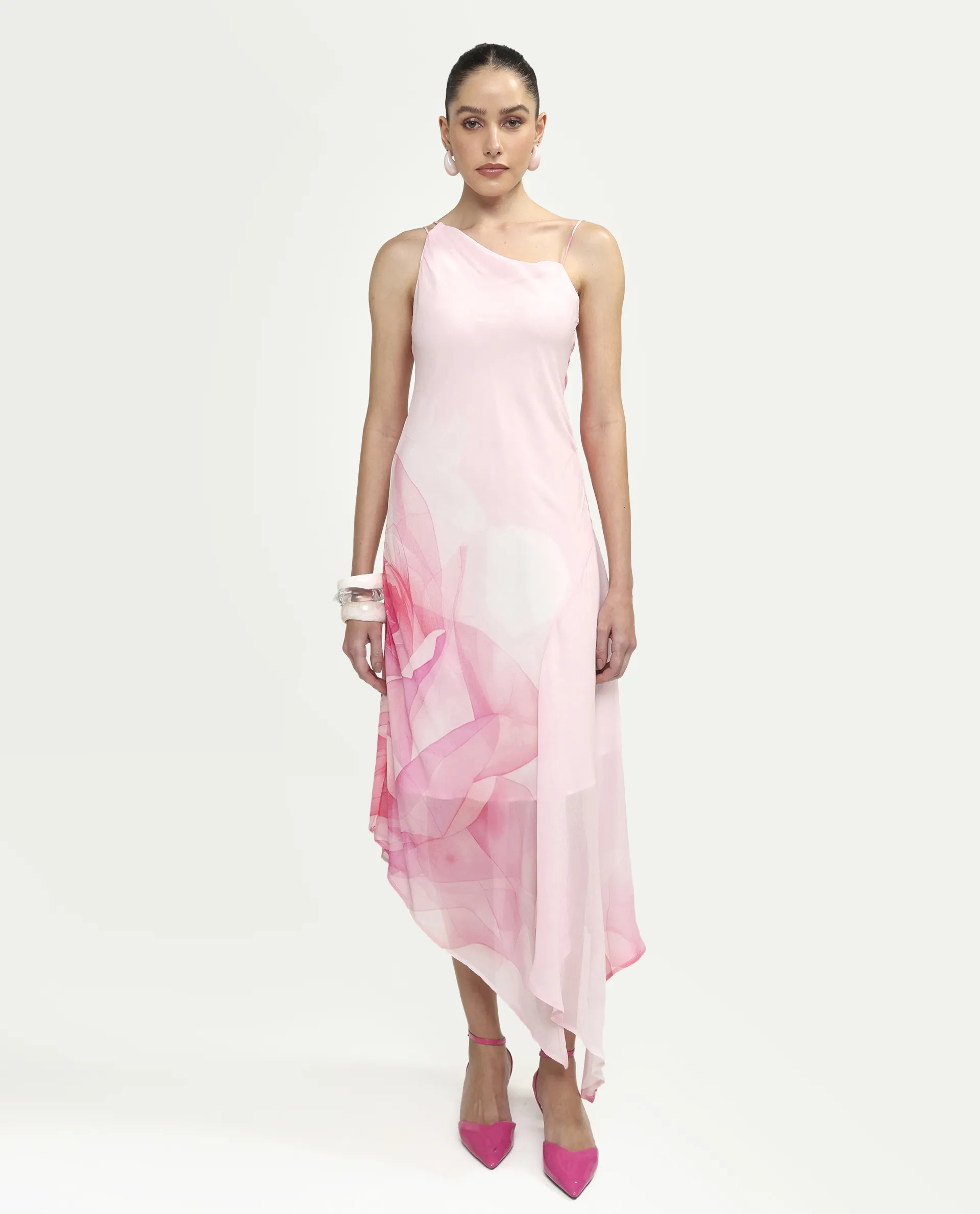 Rareism Women's Minzo Light Pink Viscose Sleeveless One Shoulder Asymmetric Floral Print Dress - Image 2