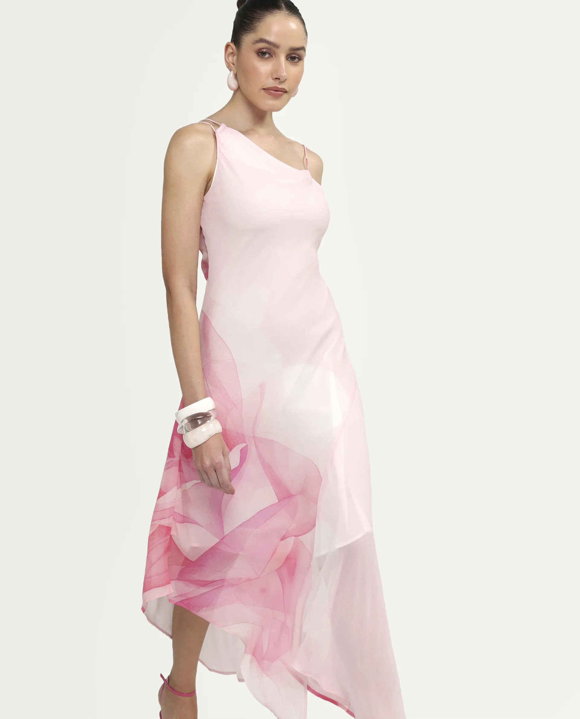 Rareism Women's Minzo Light Pink Viscose Sleeveless One Shoulder Asymmetric Floral Print Dress - Image 3
