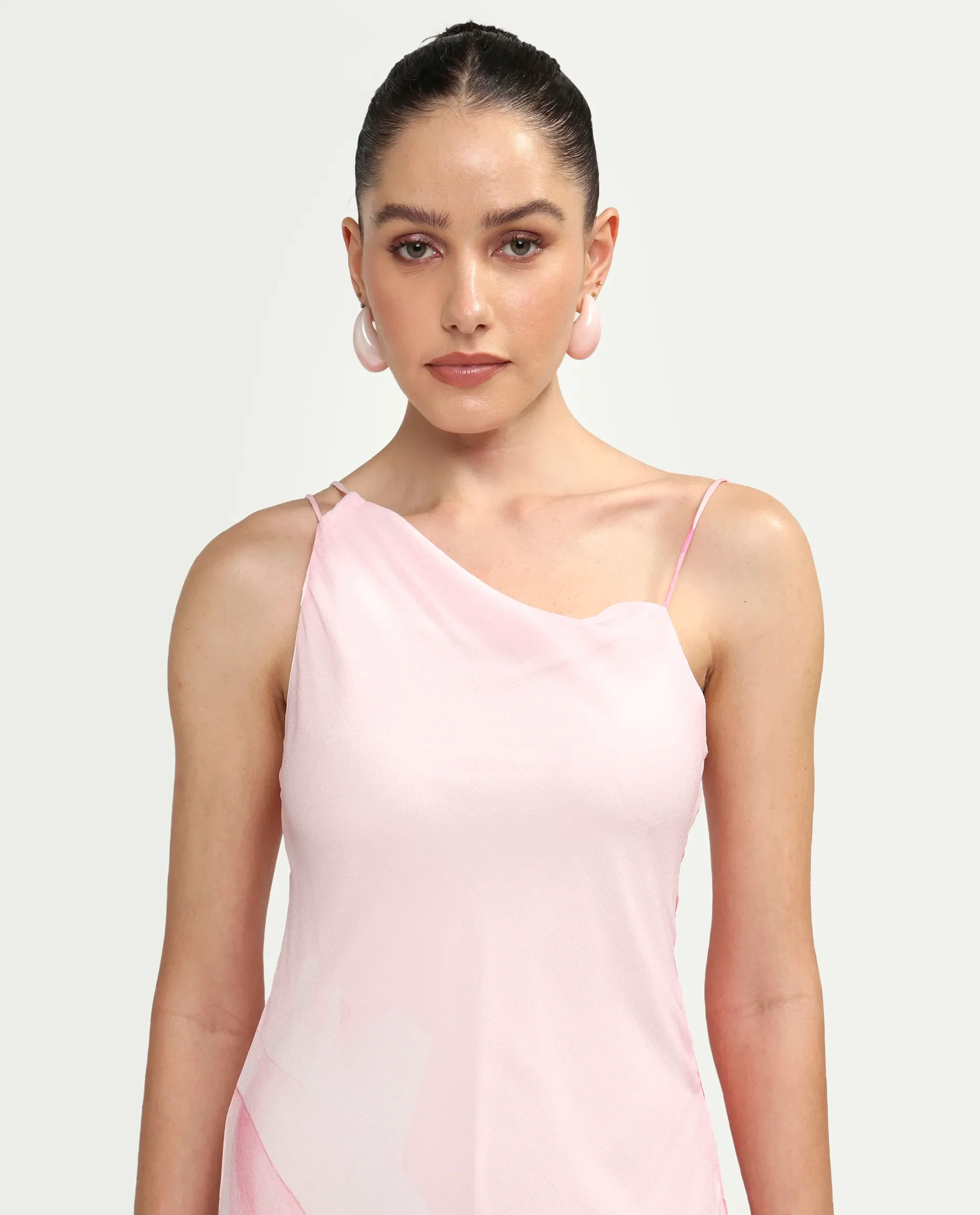 Rareism Women's Minzo Light Pink Viscose Sleeveless One Shoulder Asymmetric Floral Print Dress - Image 4