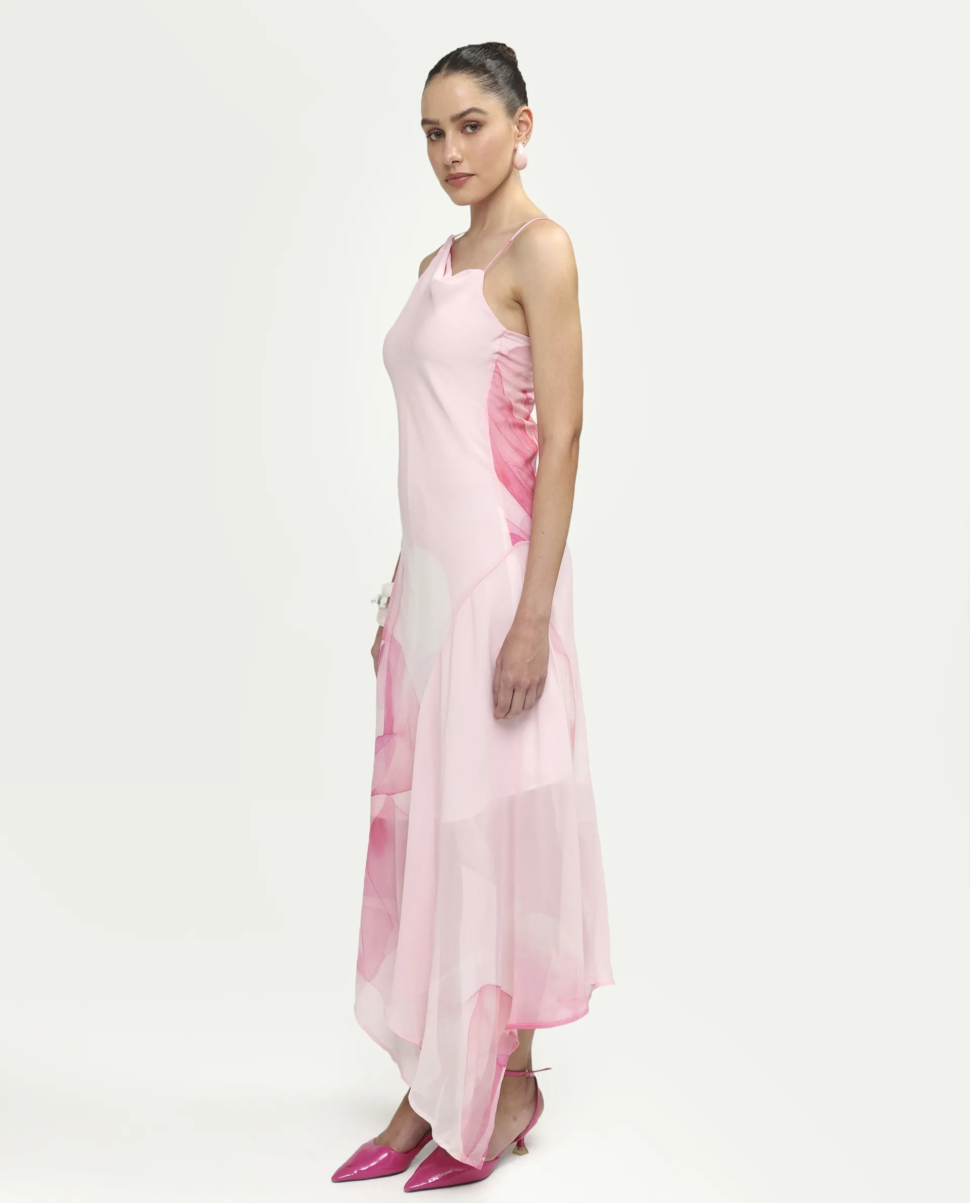 Rareism Women's Minzo Light Pink Viscose Sleeveless One Shoulder Asymmetric Floral Print Dress - Image 5