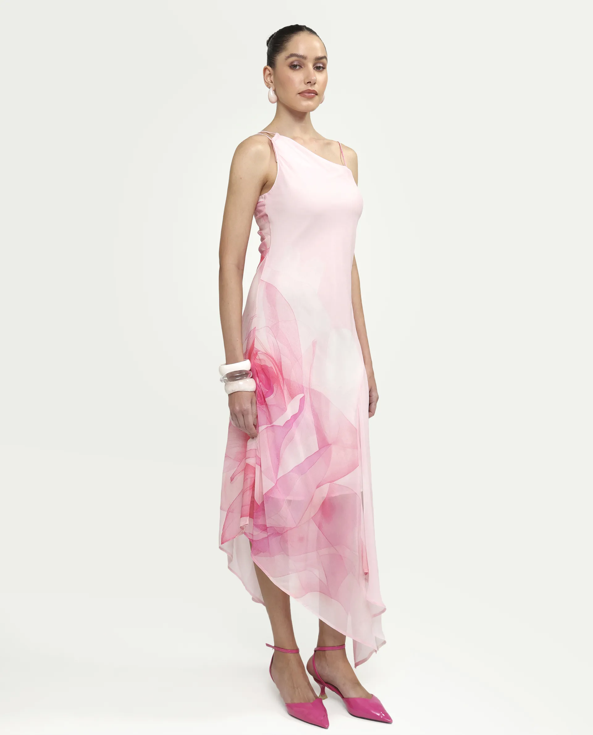 Rareism Women's Minzo Light Pink Viscose Sleeveless One Shoulder Asymmetric Floral Print Dress - Image 6