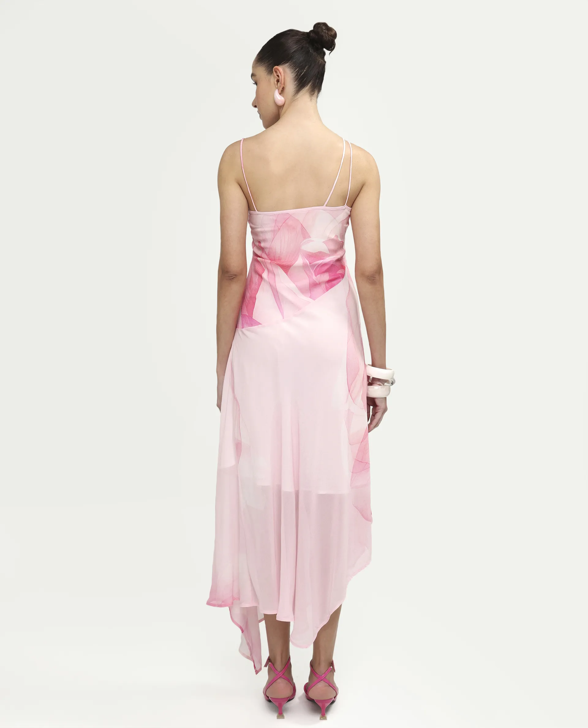 Rareism Women's Minzo Light Pink Viscose Sleeveless One Shoulder Asymmetric Floral Print Dress - Image 7