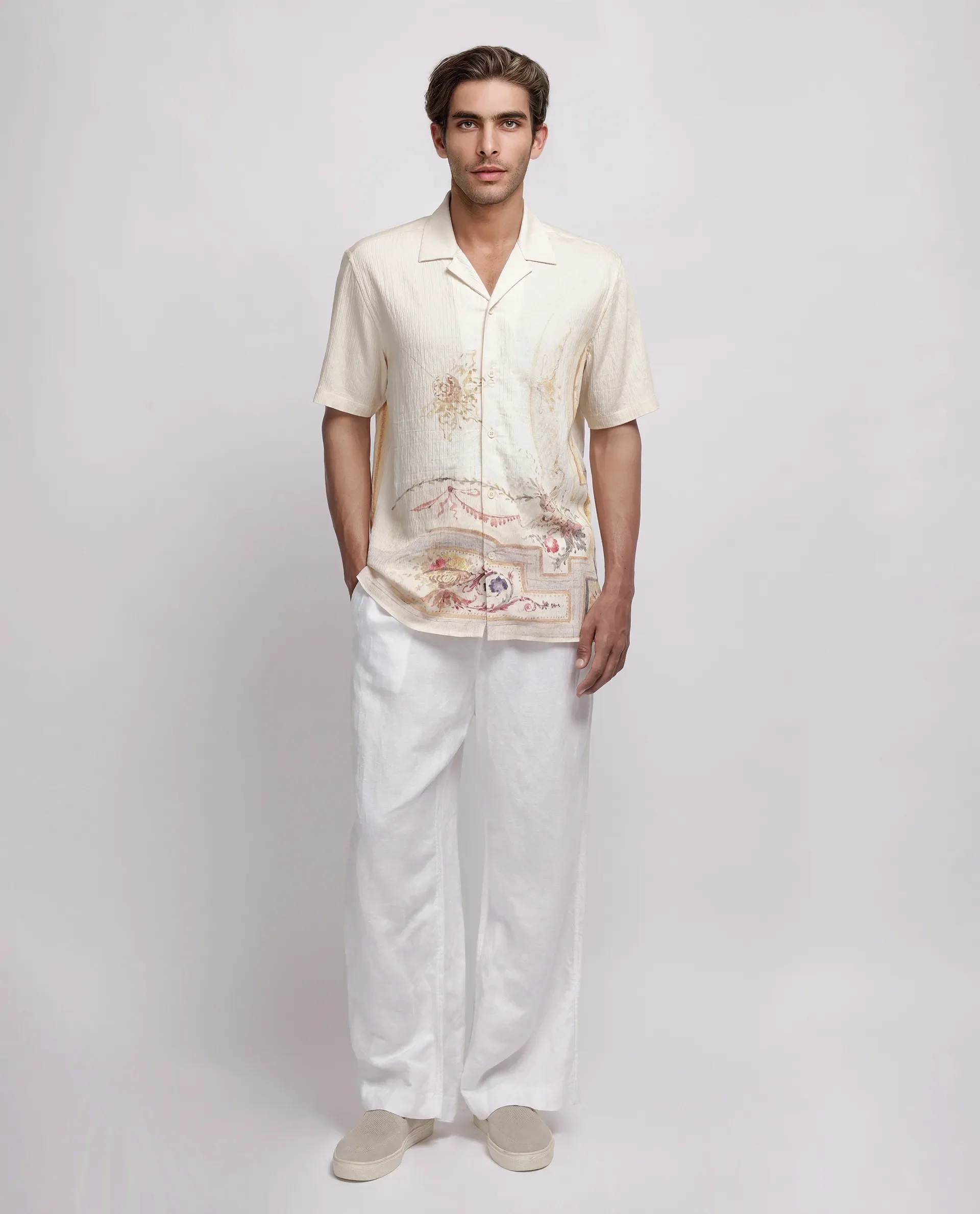 Rare Rabbit Men's Mio Beige Viscose Blend Placement Print Boxy Fit Half Sleeve Cuban Collar Shirt - Image 2