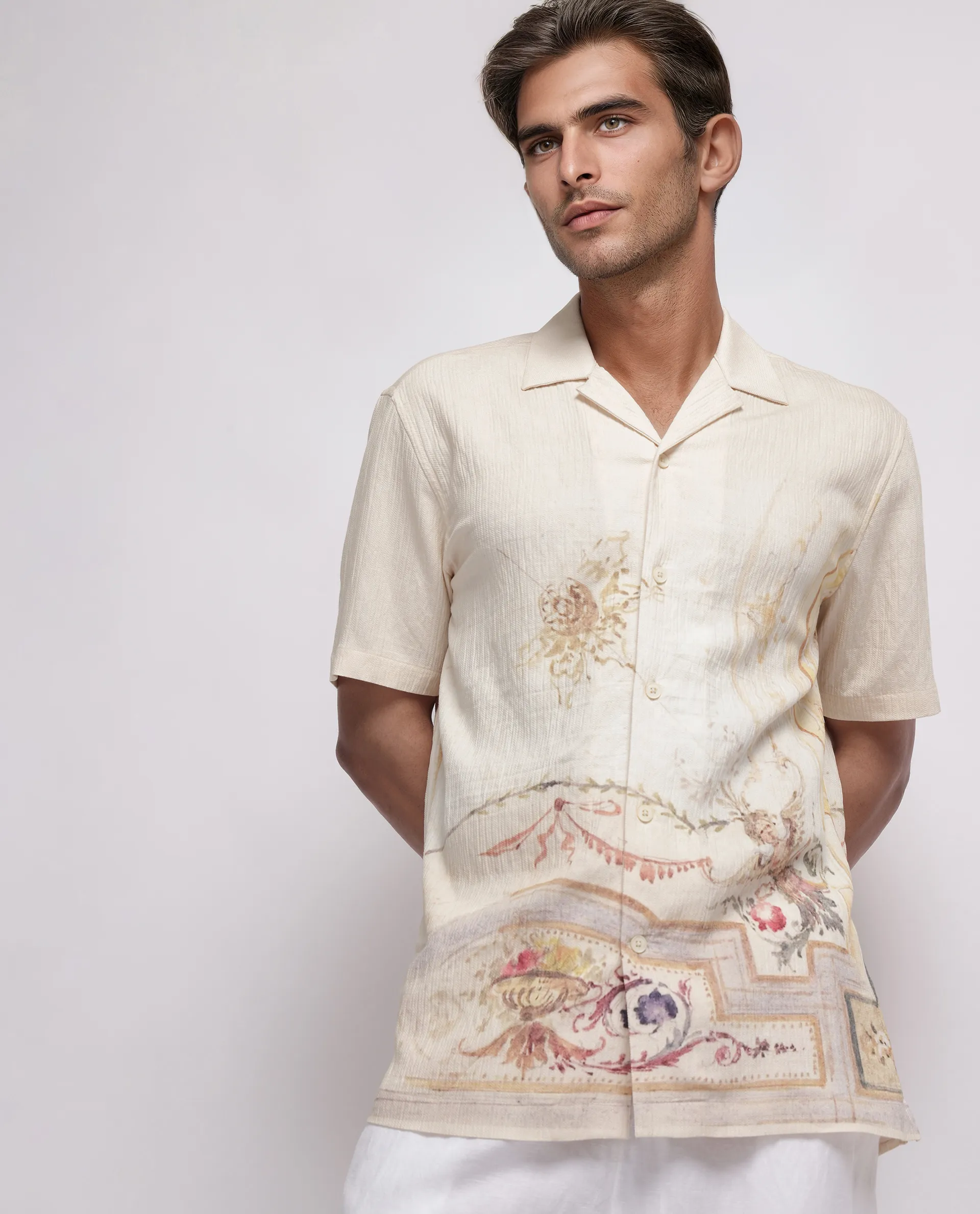 Rare Rabbit Men's Mio Beige Viscose Blend Placement Print Boxy Fit Half Sleeve Cuban Collar Shirt - Image 5