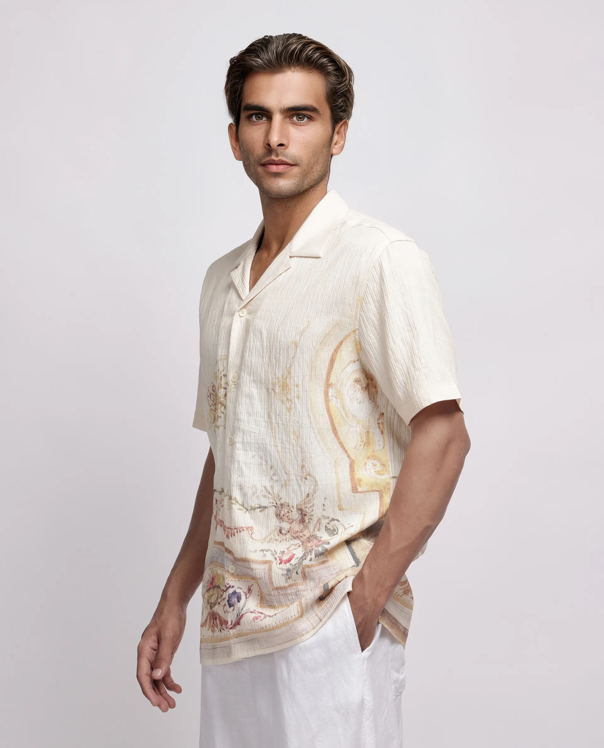Rare Rabbit Men's Mio Beige Viscose Blend Placement Print Boxy Fit Half Sleeve Cuban Collar Shirt - Image 7