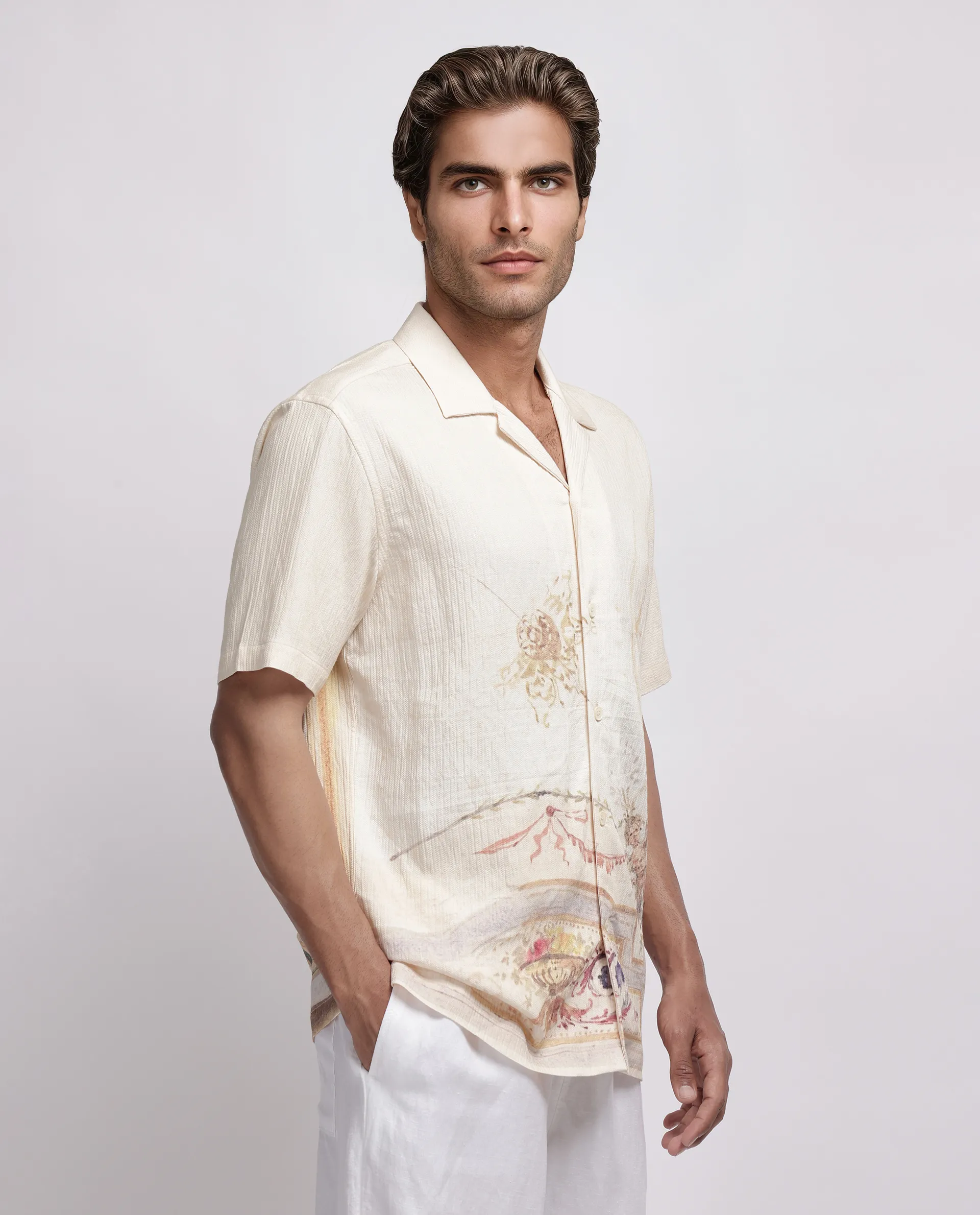 Rare Rabbit Men's Mio Beige Viscose Blend Placement Print Boxy Fit Half Sleeve Cuban Collar Shirt - Image 8