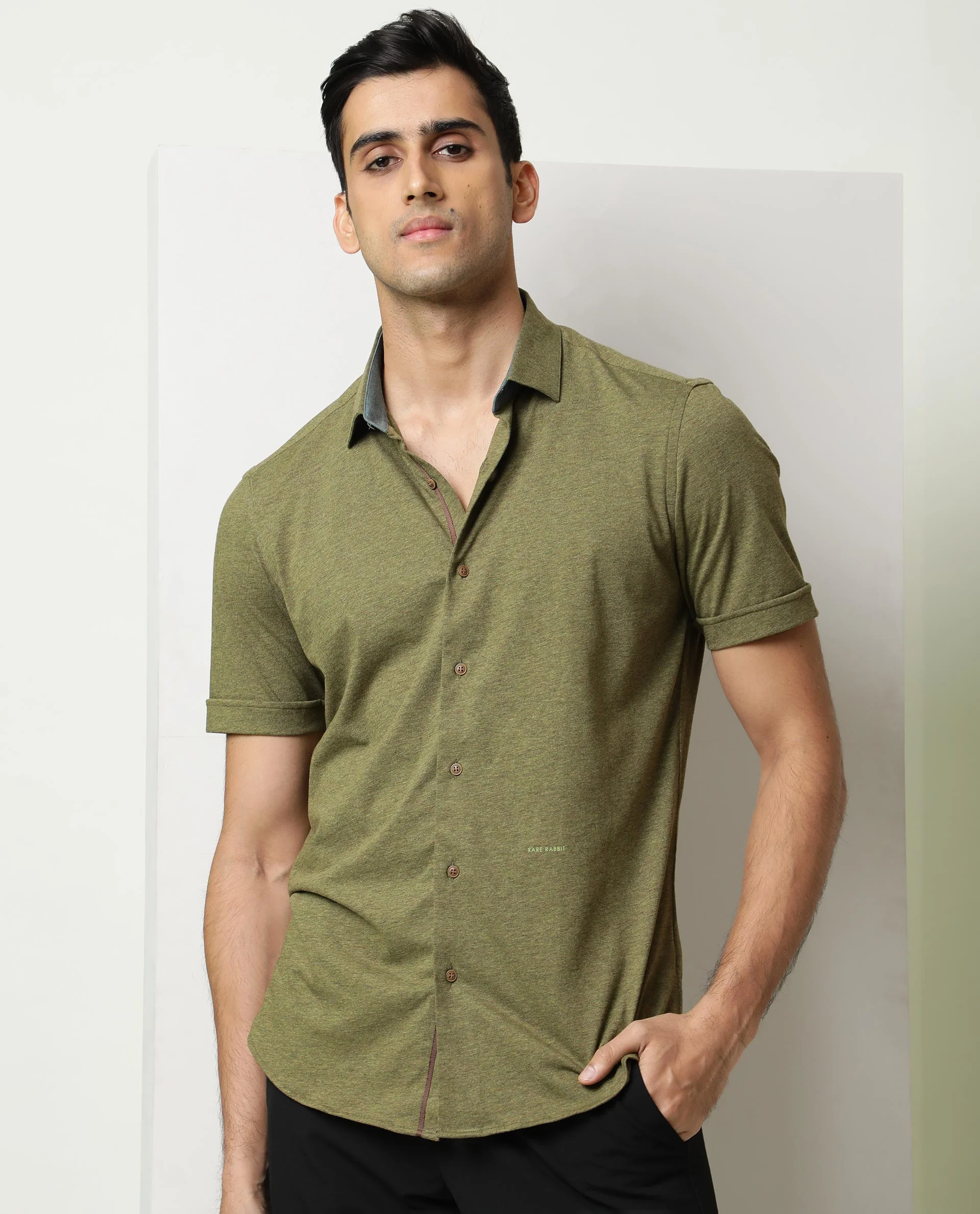 Rare Rabbit Men's Miraj Olive Cotton Plain Regular Fit Half Sleeve Collared Shirt
