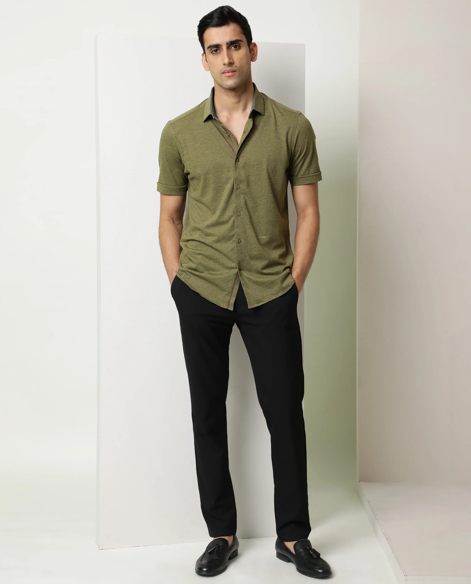 Rare Rabbit Men's Miraj Olive Cotton Plain Regular Fit Half Sleeve Collared Shirt - Image 2