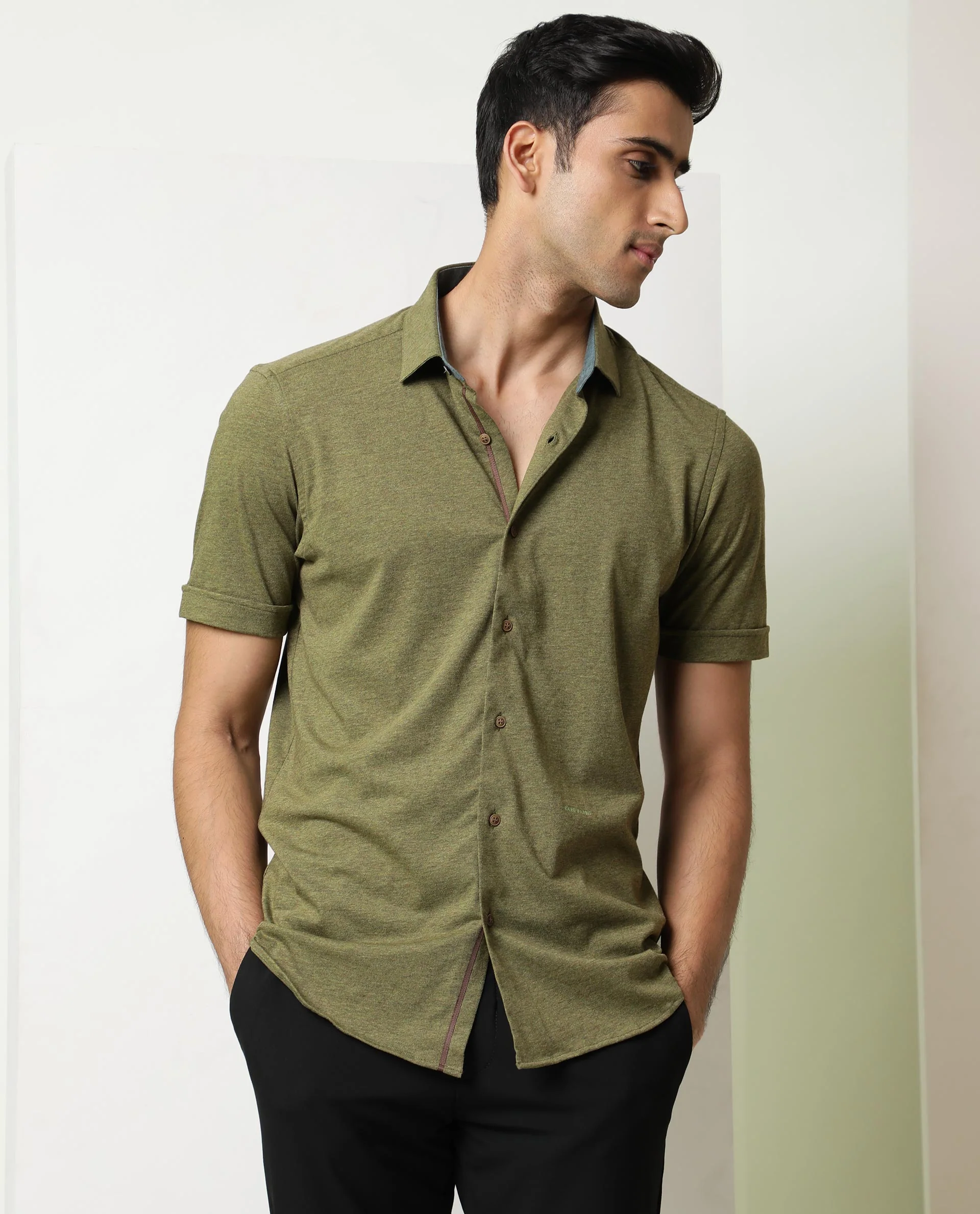 Rare Rabbit Men's Miraj Olive Cotton Plain Regular Fit Half Sleeve Collared Shirt - Image 3