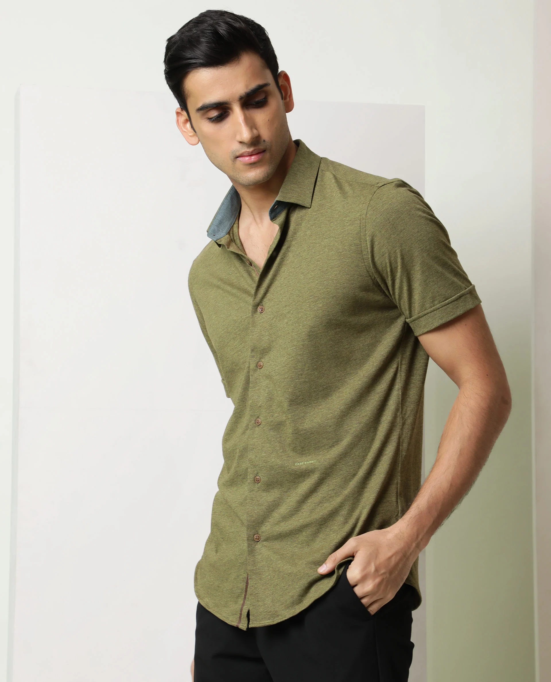 Rare Rabbit Men's Miraj Olive Cotton Plain Regular Fit Half Sleeve Collared Shirt - Image 4