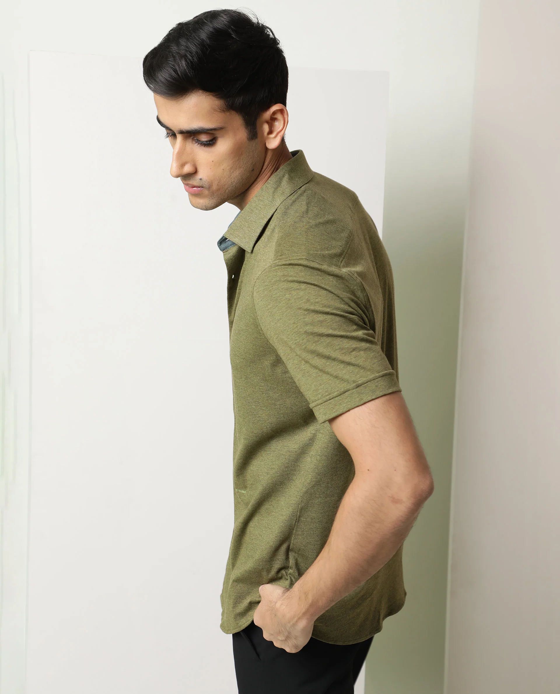 Rare Rabbit Men's Miraj Olive Cotton Plain Regular Fit Half Sleeve Collared Shirt - Image 6