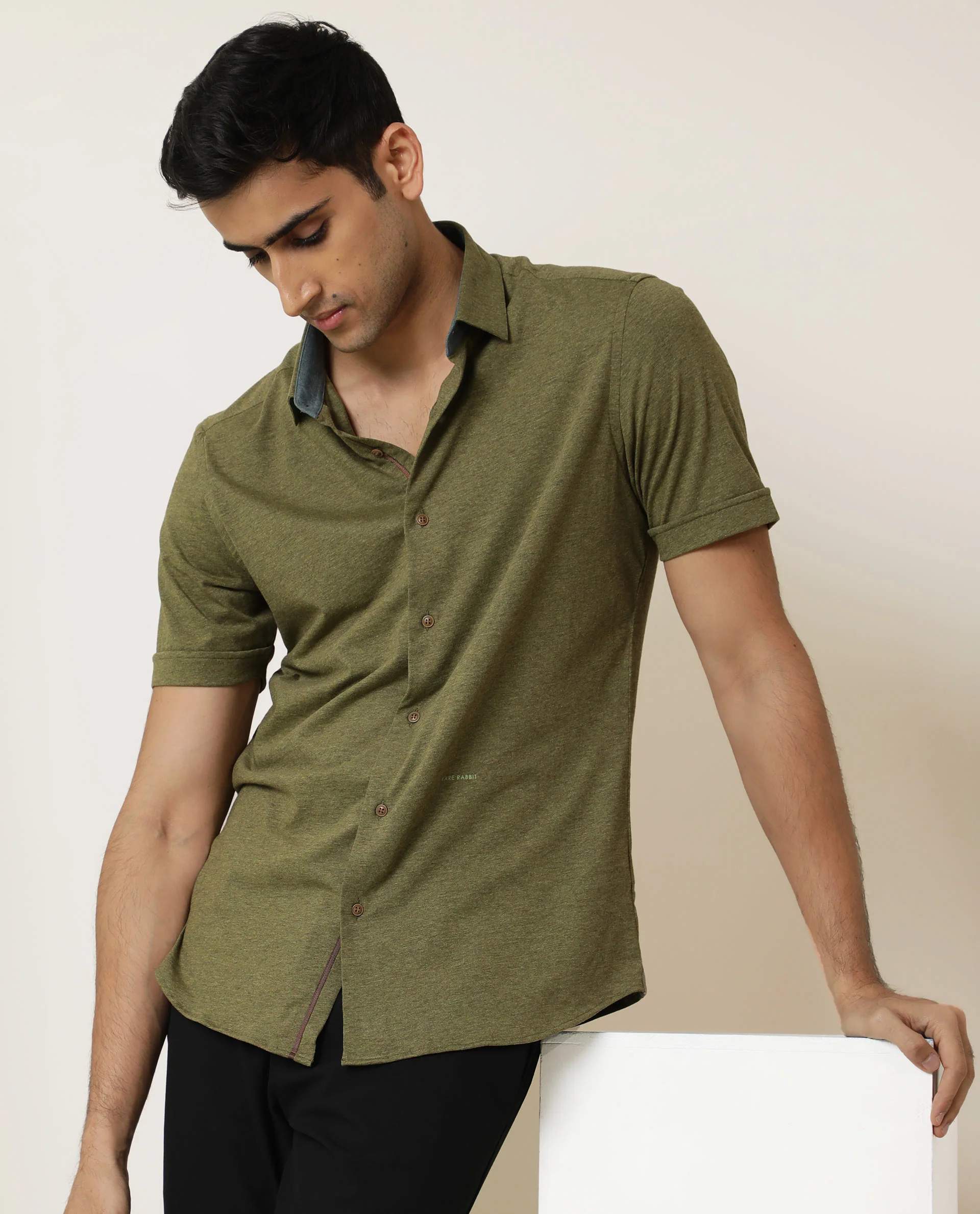 Rare Rabbit Men's Miraj Olive Cotton Plain Regular Fit Half Sleeve Collared Shirt - Image 7
