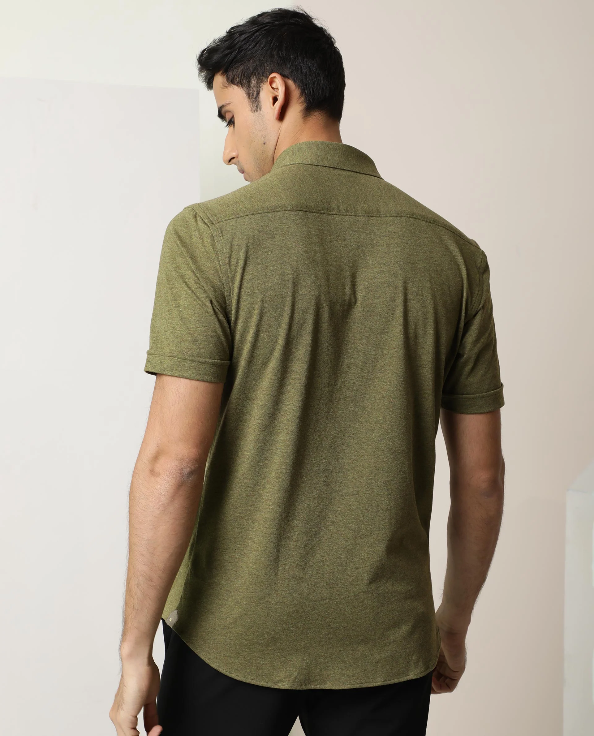 Rare Rabbit Men's Miraj Olive Cotton Plain Regular Fit Half Sleeve Collared Shirt - Image 8