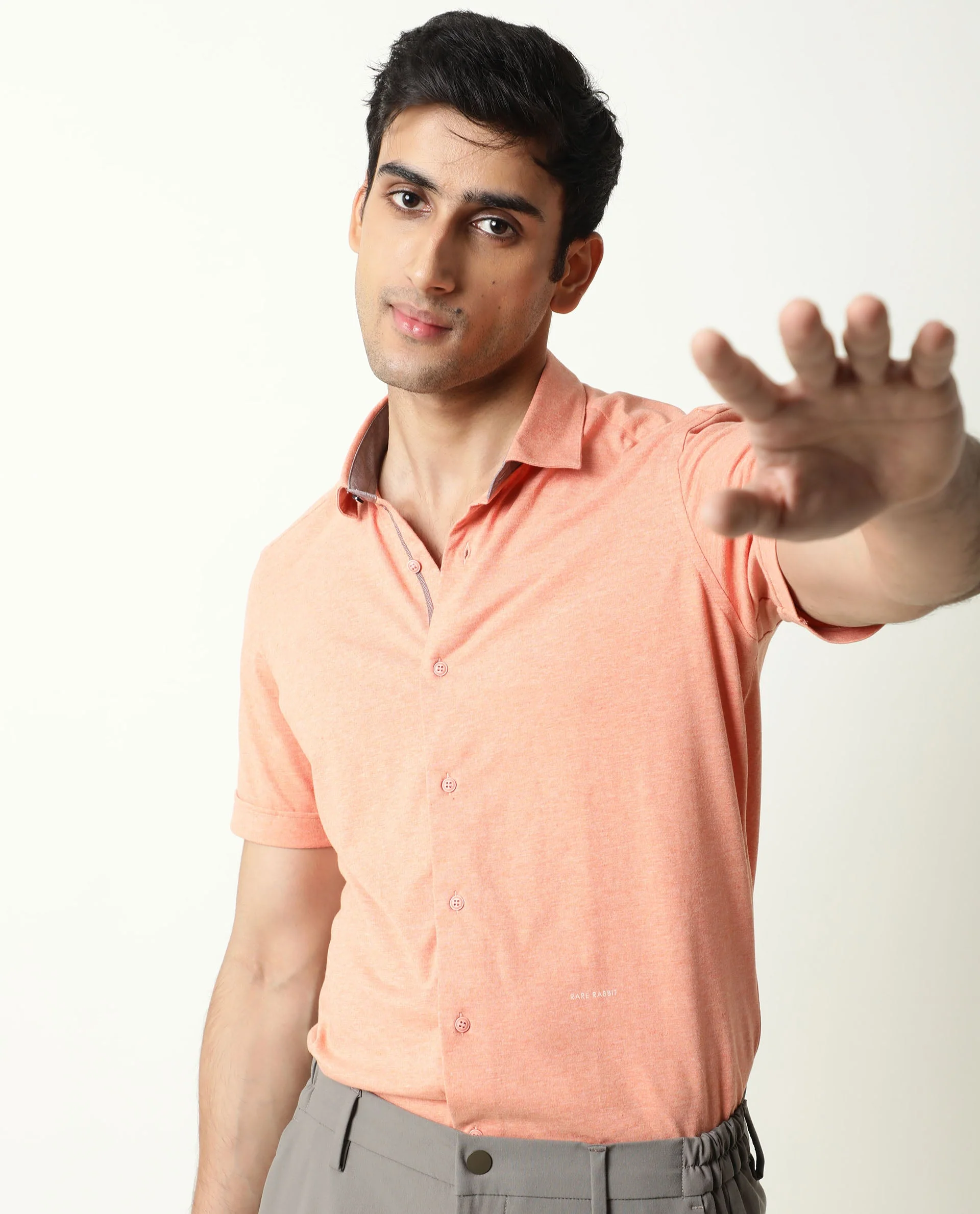 Rare Rabbit Men's Miraj Orange Cotton Plain Regular Fit Half Sleeve Collared Shirt - Image 3