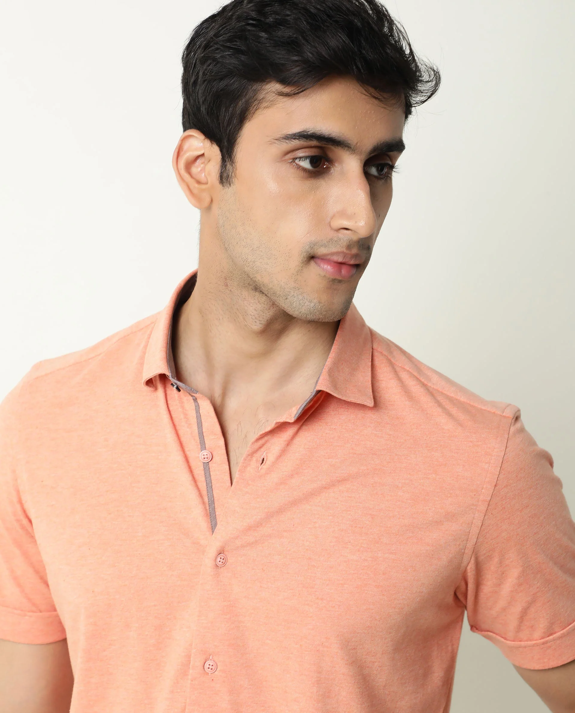 Rare Rabbit Men's Miraj Orange Cotton Plain Regular Fit Half Sleeve Collared Shirt - Image 4