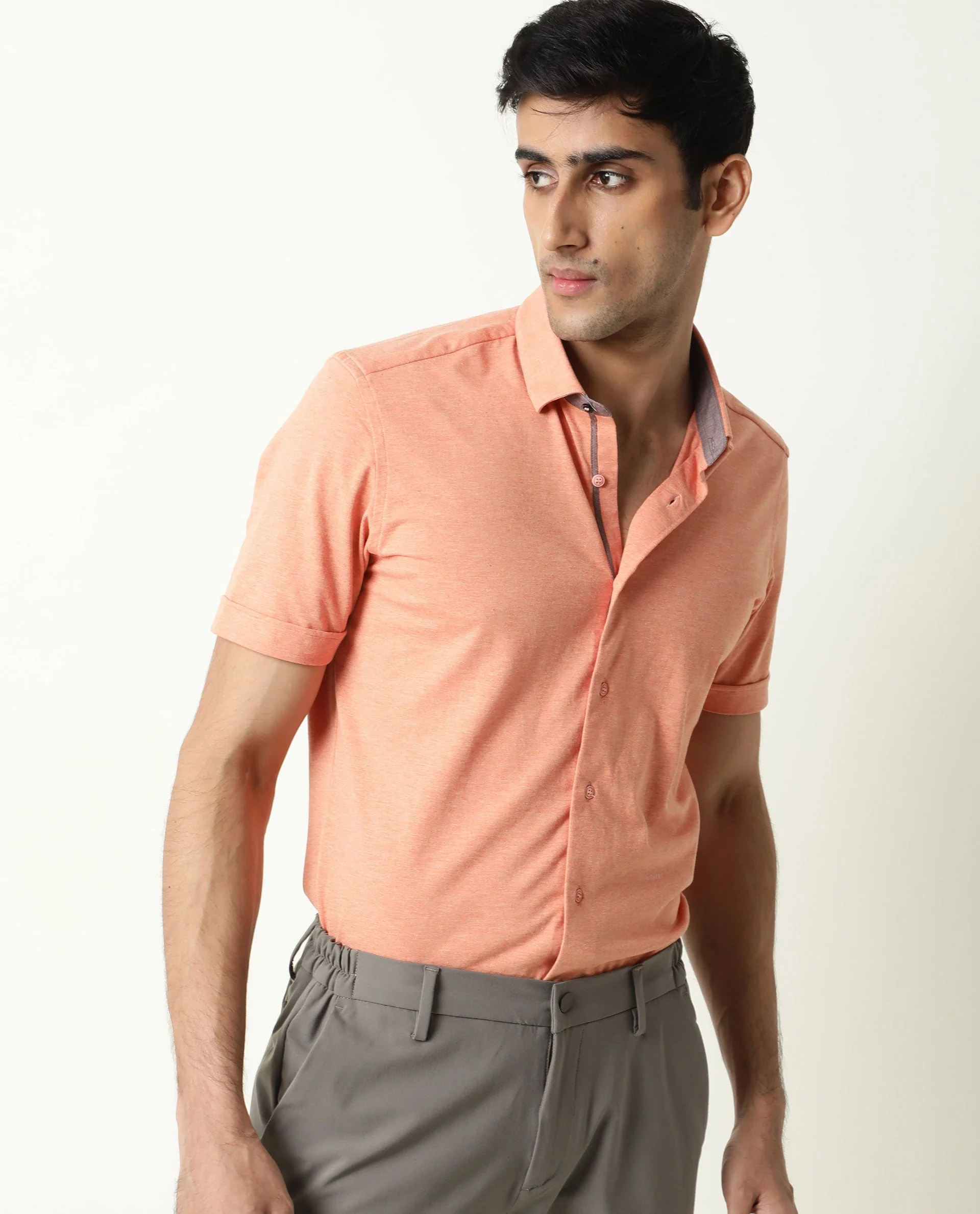 Rare Rabbit Men's Miraj Orange Cotton Plain Regular Fit Half Sleeve Collared Shirt - Image 5