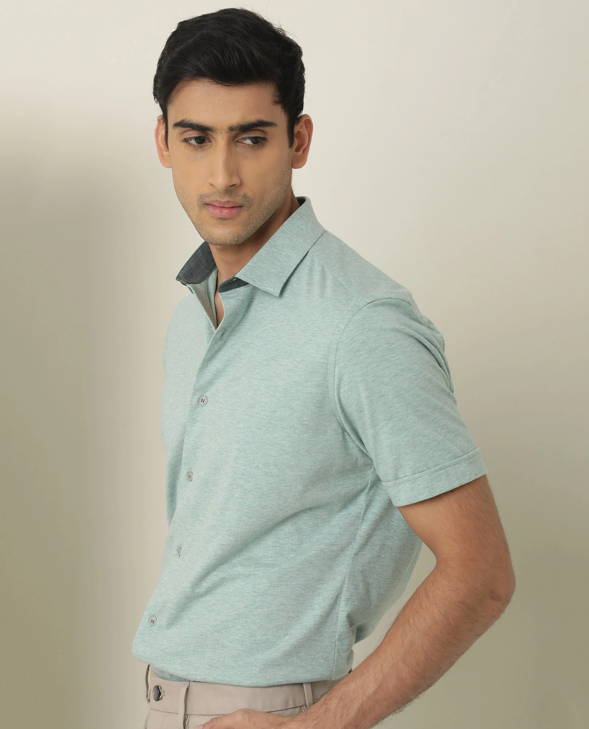 Rare Rabbit Men's Miraj Pastel Green Cotton Plain Regular Fit Half Sleeve Collared Shirt - Image 3