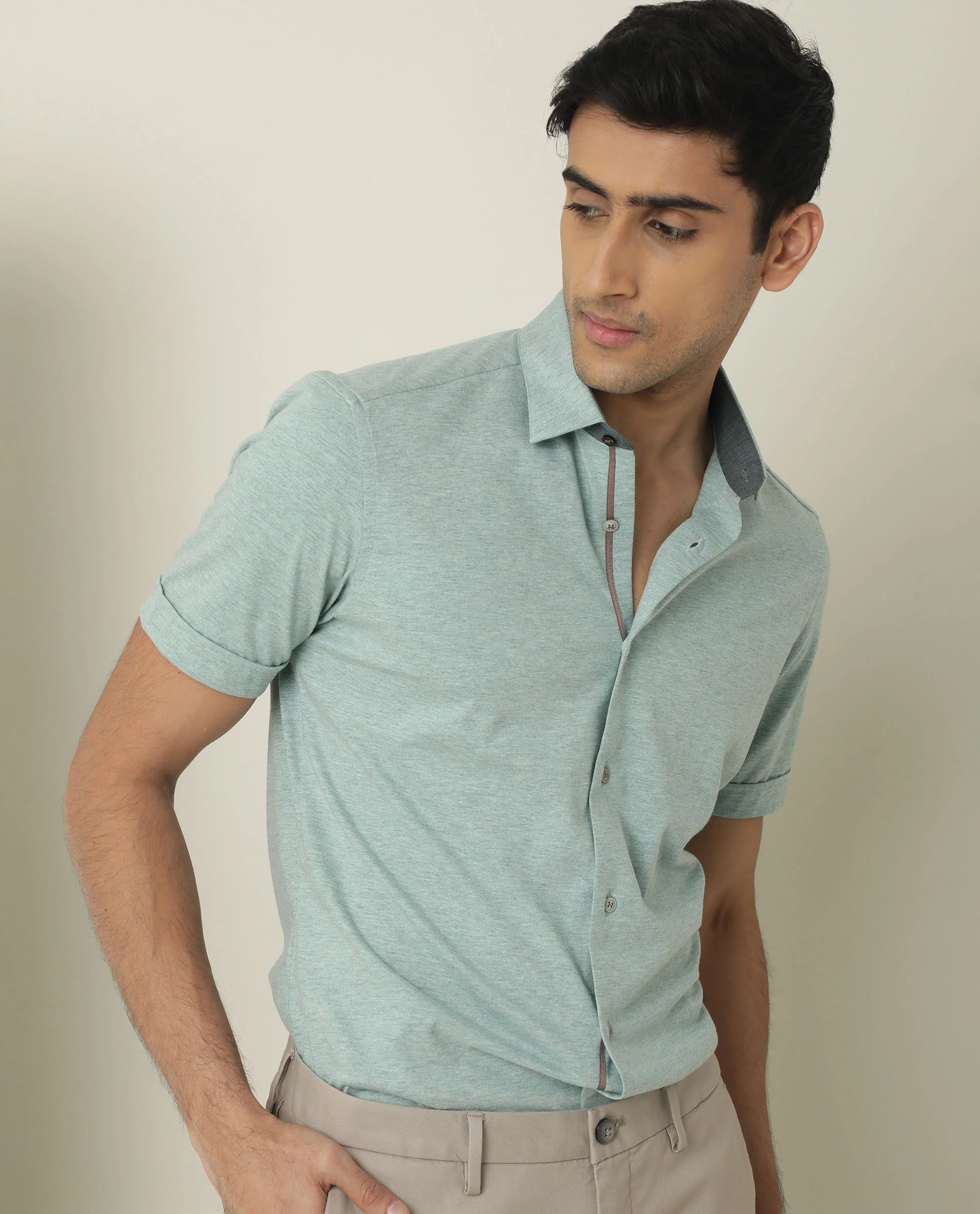 Rare Rabbit Men's Miraj Pastel Green Cotton Plain Regular Fit Half Sleeve Collared Shirt - Image 5