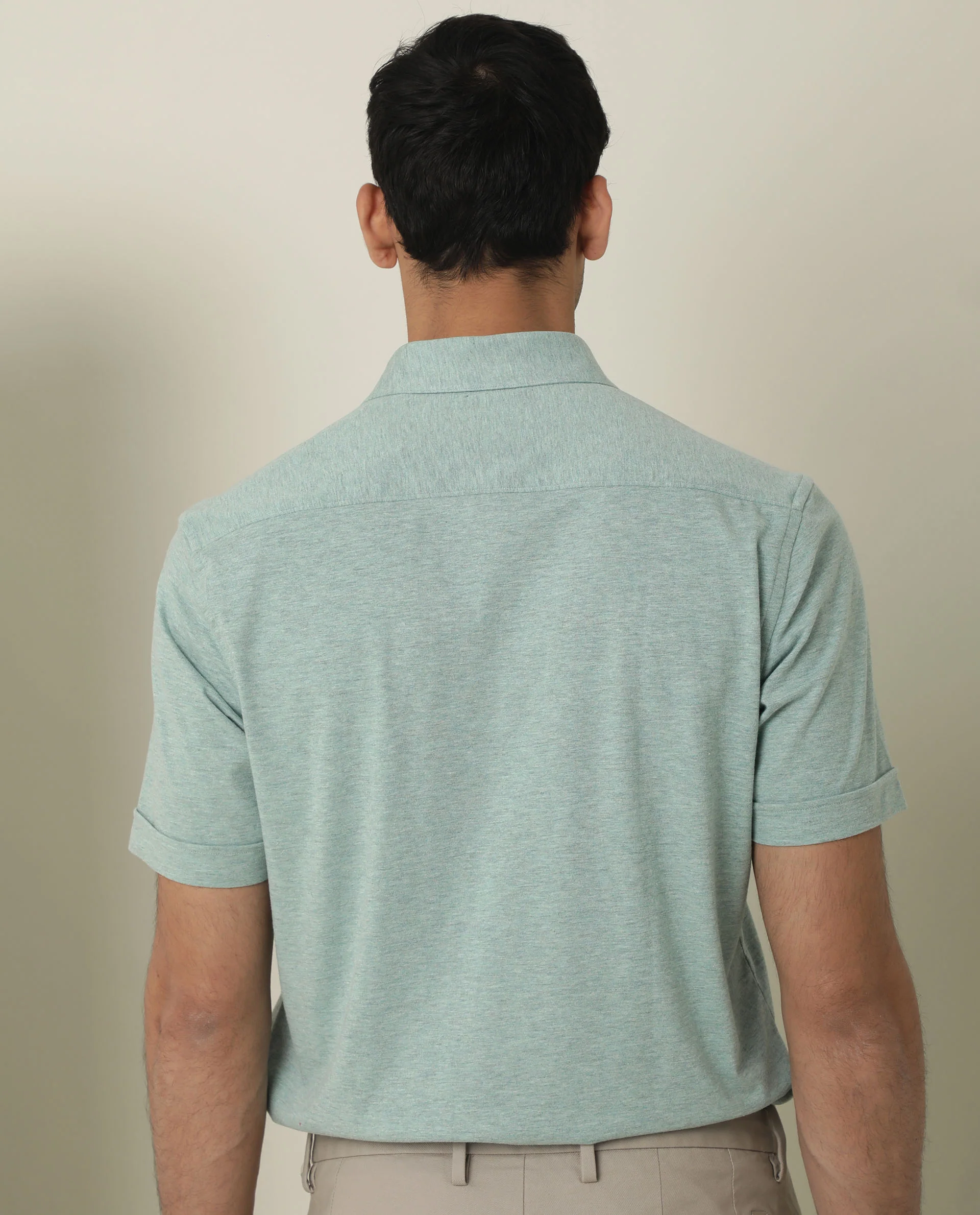Rare Rabbit Men's Miraj Pastel Green Cotton Plain Regular Fit Half Sleeve Collared Shirt - Image 7