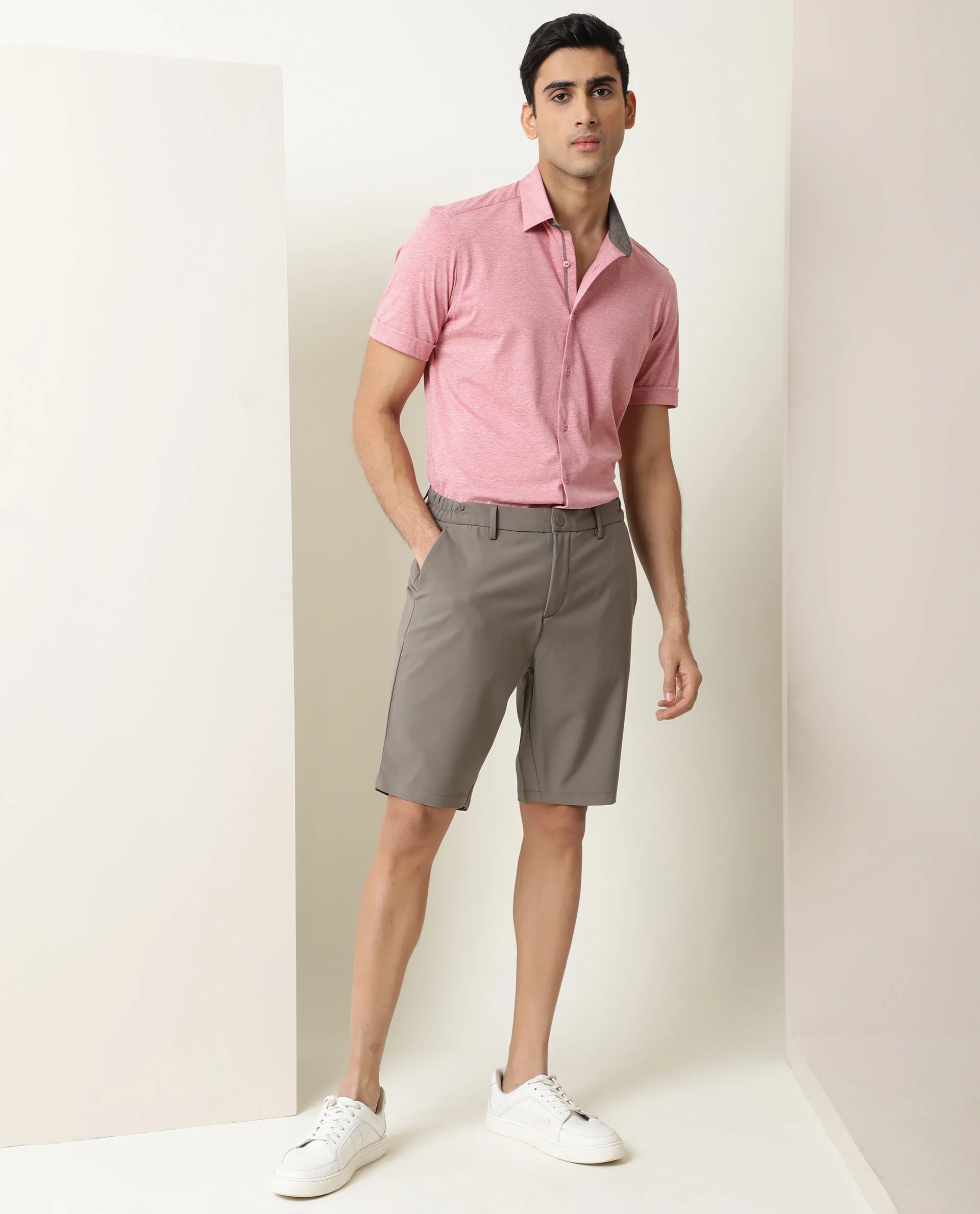 Rare Rabbit Men's Miraj Pink Cotton Plain Regular Fit Half Sleeve Collared Shirt - Image 2