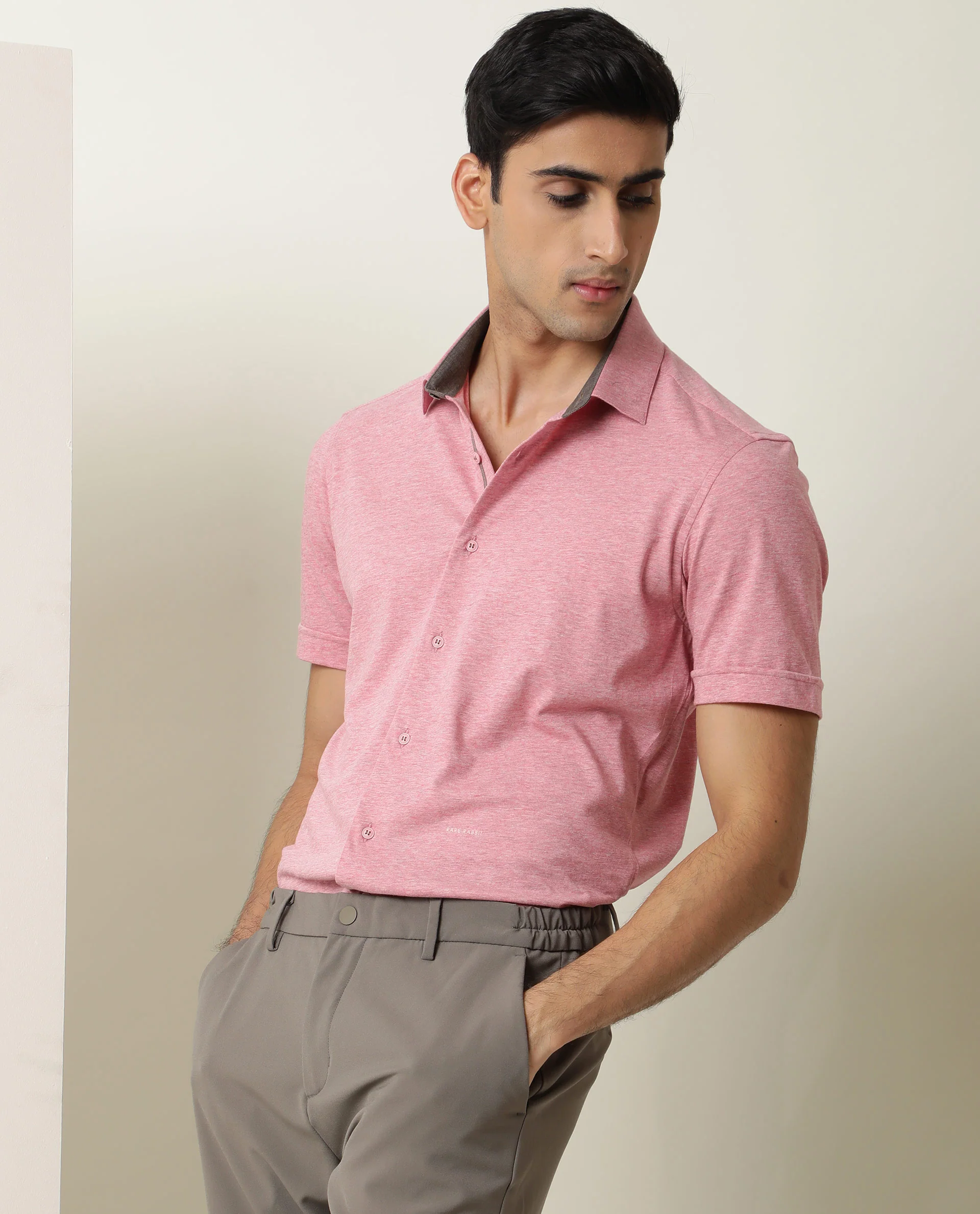 Rare Rabbit Men's Miraj Pink Cotton Plain Regular Fit Half Sleeve Collared Shirt - Image 3