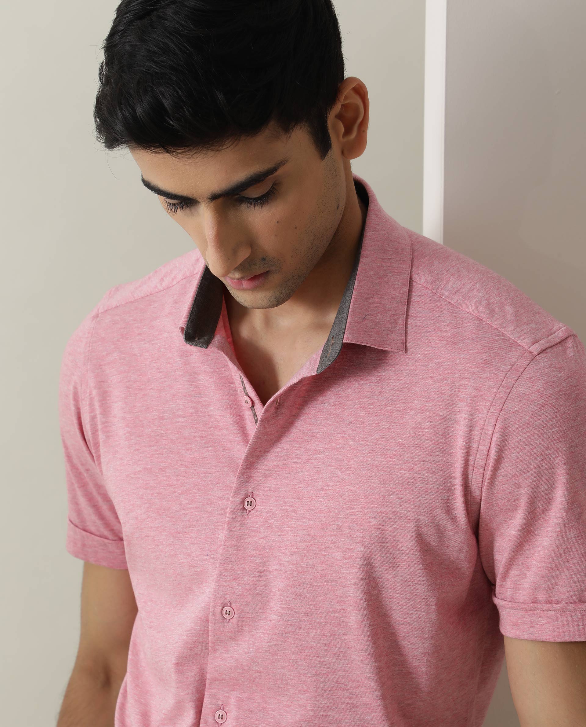 Rare Rabbit Men's Miraj Pink Cotton Plain Regular Fit Half Sleeve Collared Shirt - Image 5