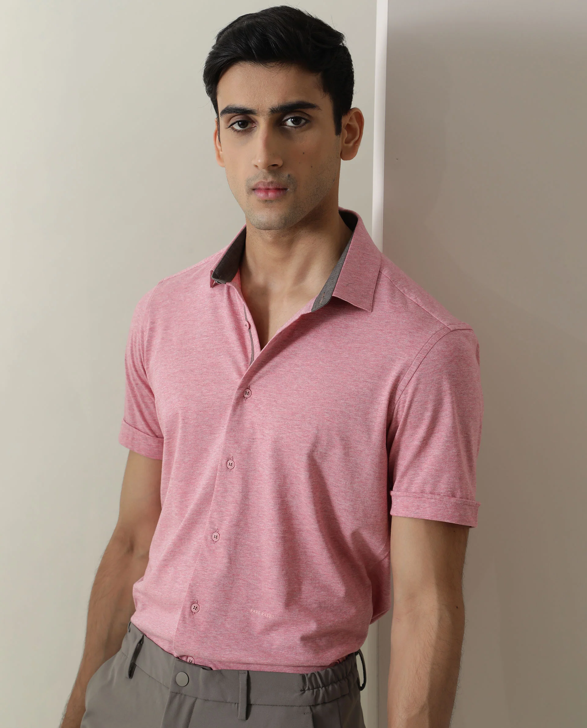 Rare Rabbit Men's Miraj Pink Cotton Plain Regular Fit Half Sleeve Collared Shirt - Image 7