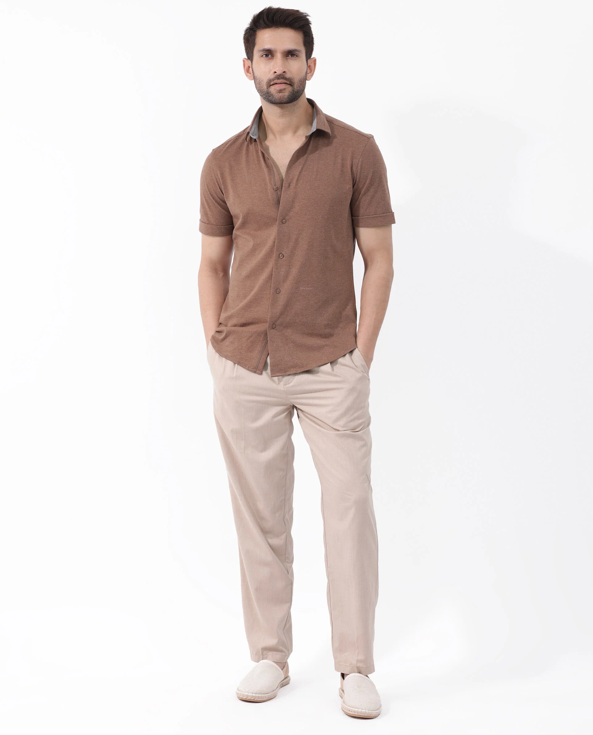 Rare Rabbit Men's Miraje Brown Cotton Plain Regular Fit Half Sleeve Collared Shirt - Image 2
