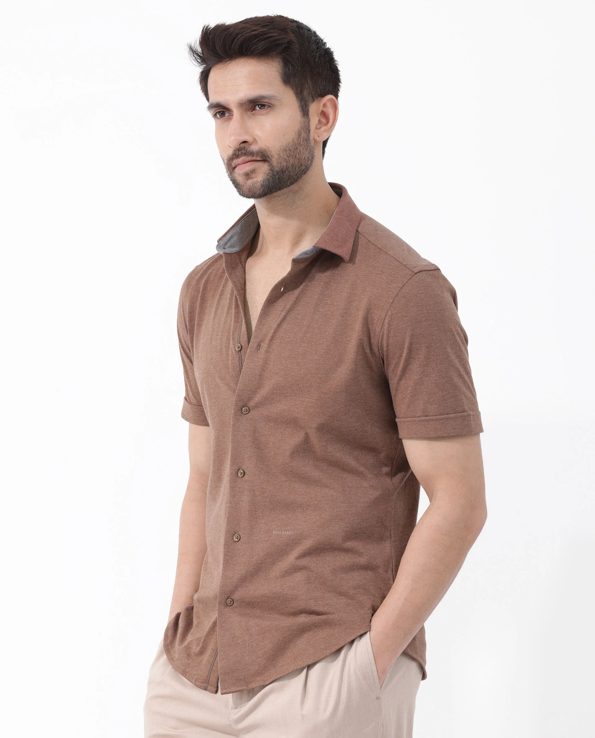 Rare Rabbit Men's Miraje Brown Cotton Plain Regular Fit Half Sleeve Collared Shirt - Image 3
