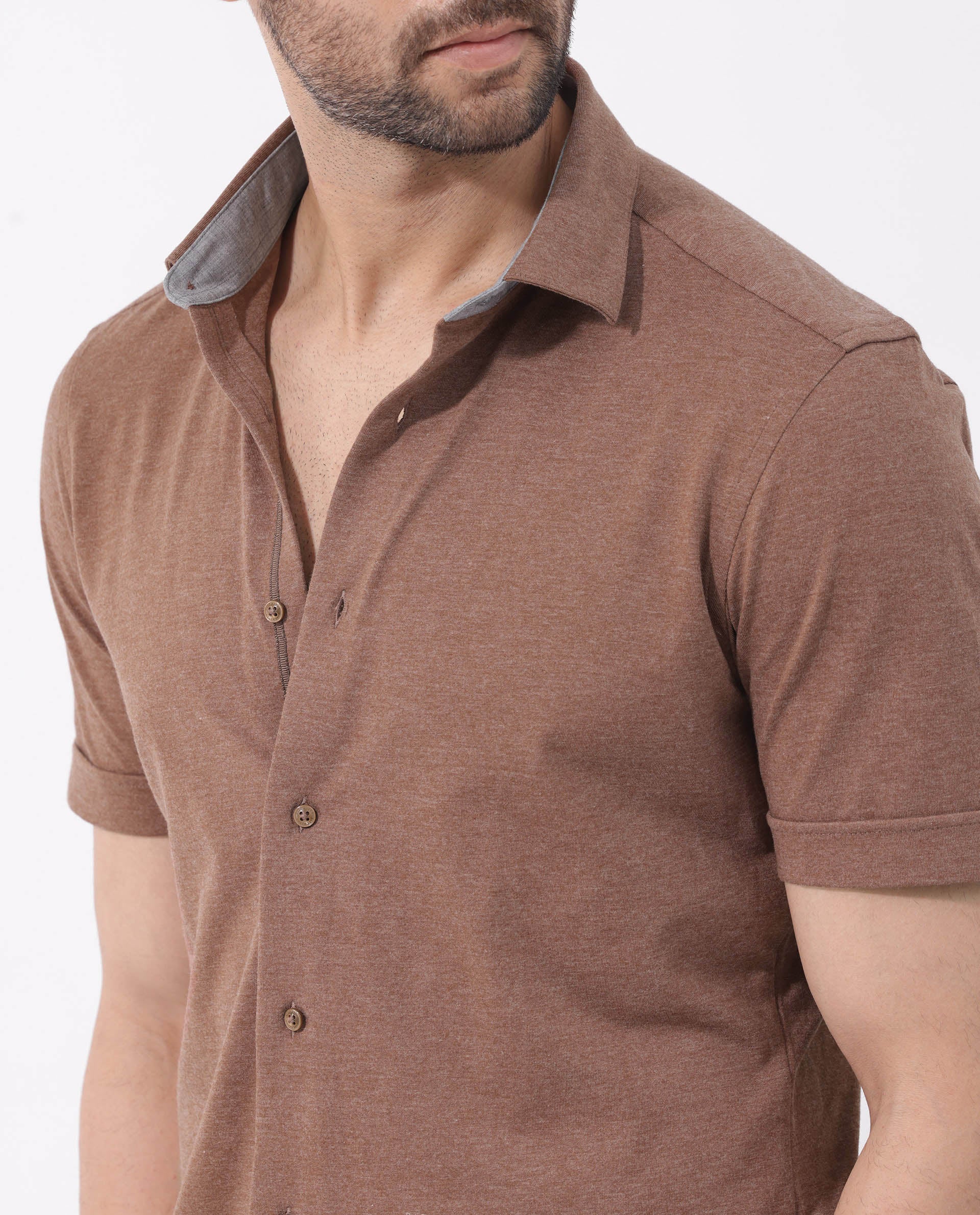 Rare Rabbit Men's Miraje Brown Cotton Plain Regular Fit Half Sleeve Collared Shirt - Image 5