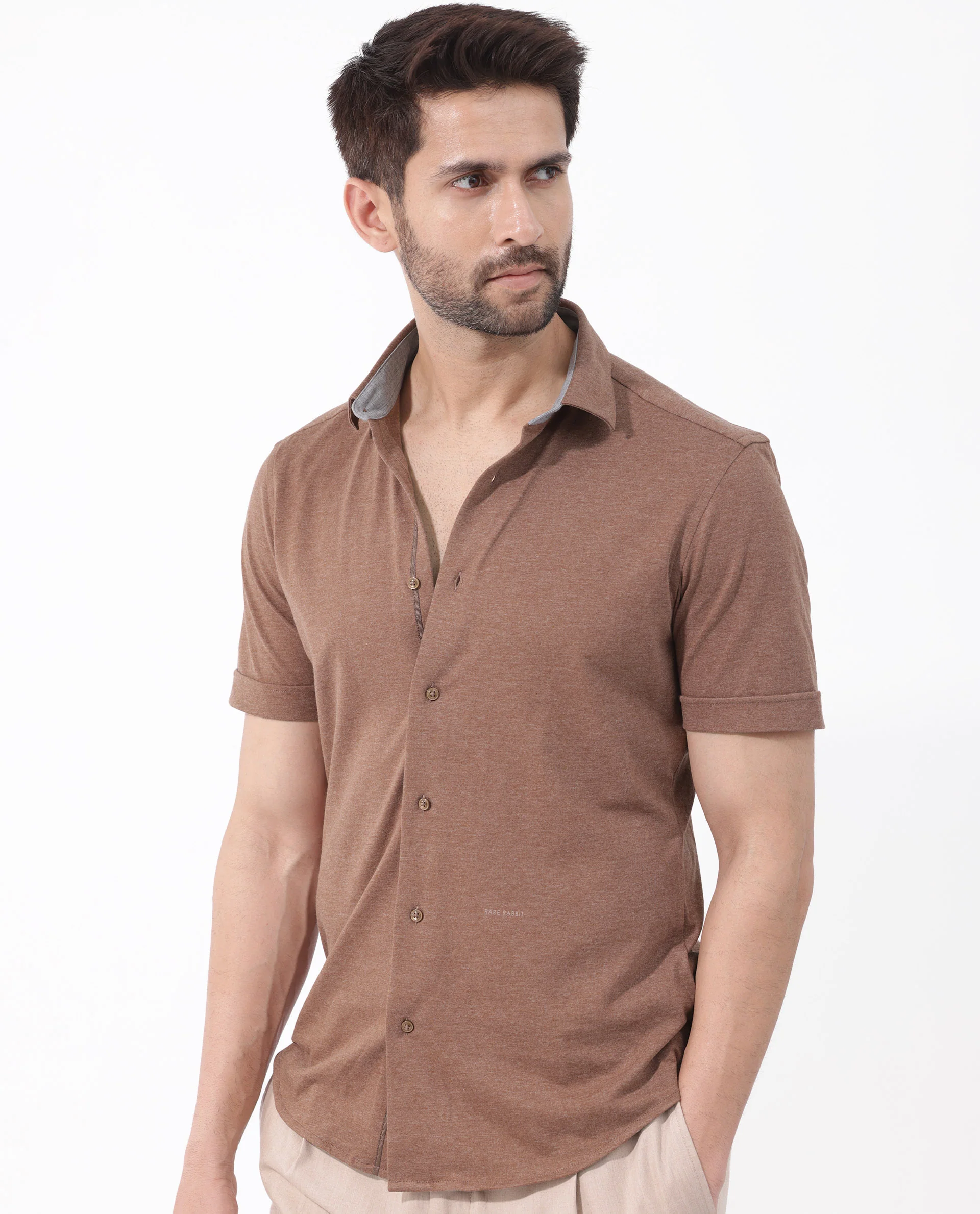 Rare Rabbit Men's Miraje Brown Cotton Plain Regular Fit Half Sleeve Collared Shirt - Image 7