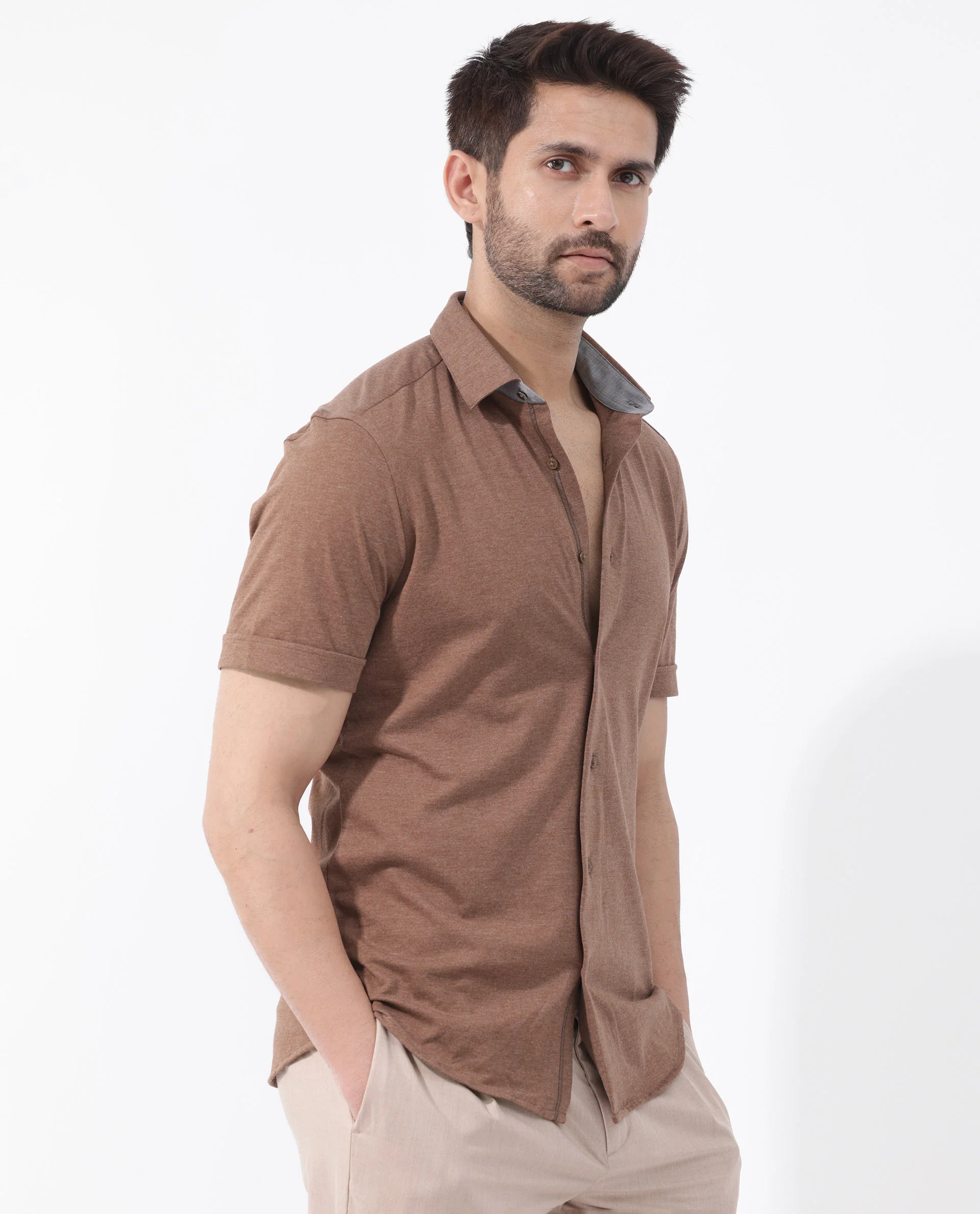Rare Rabbit Men's Miraje Brown Cotton Plain Regular Fit Half Sleeve Collared Shirt - Image 8