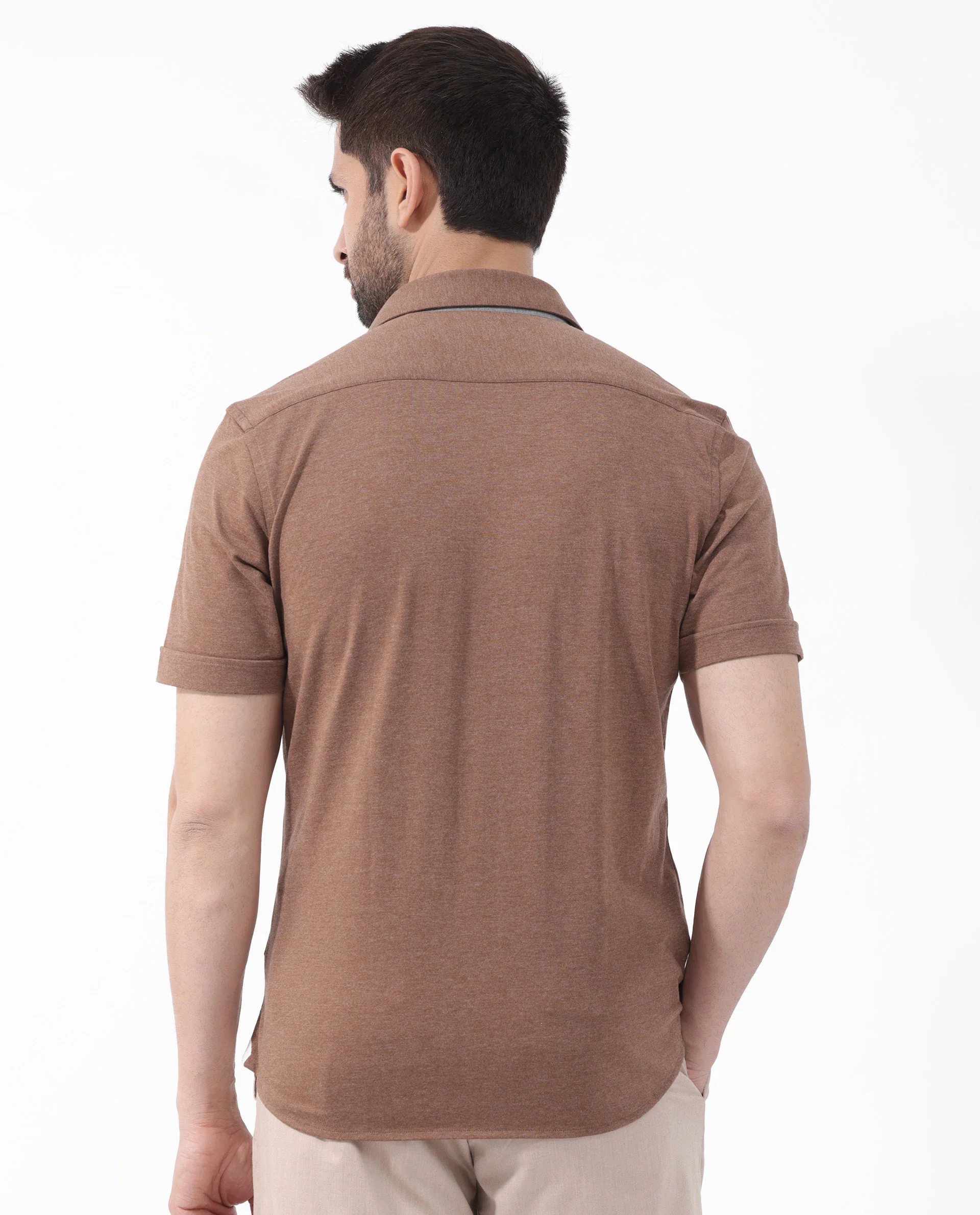 Rare Rabbit Men's Miraje Brown Cotton Plain Regular Fit Half Sleeve Collared Shirt - Image 9