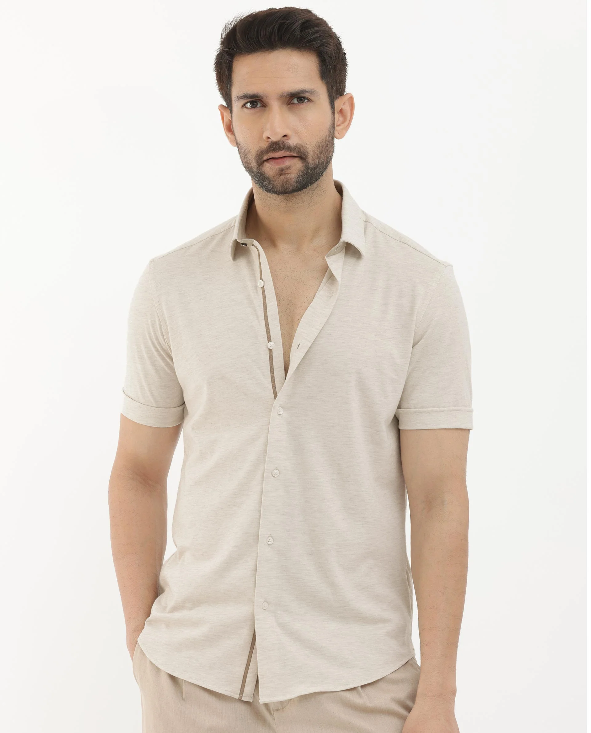 Rare Rabbit Men's Miraje Light Beige Cotton Plain Regular Fit Half Sleeve Collared Shirt