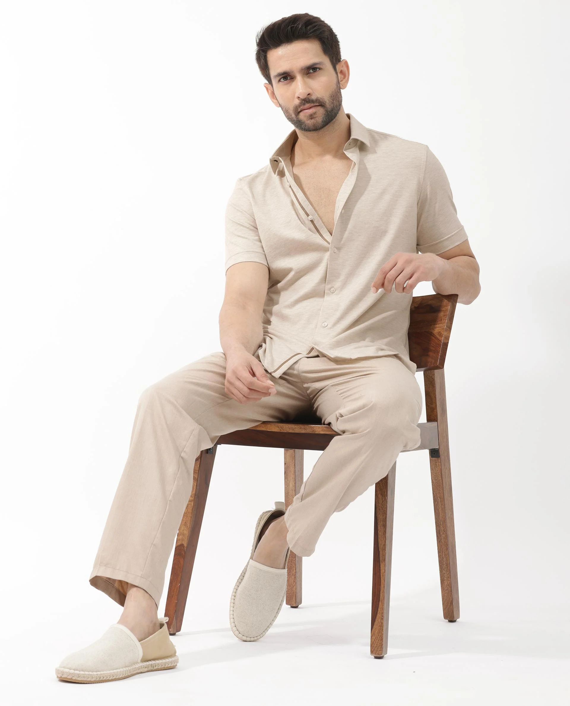 Rare Rabbit Men's Miraje Light Beige Cotton Plain Regular Fit Half Sleeve Collared Shirt - Image 2