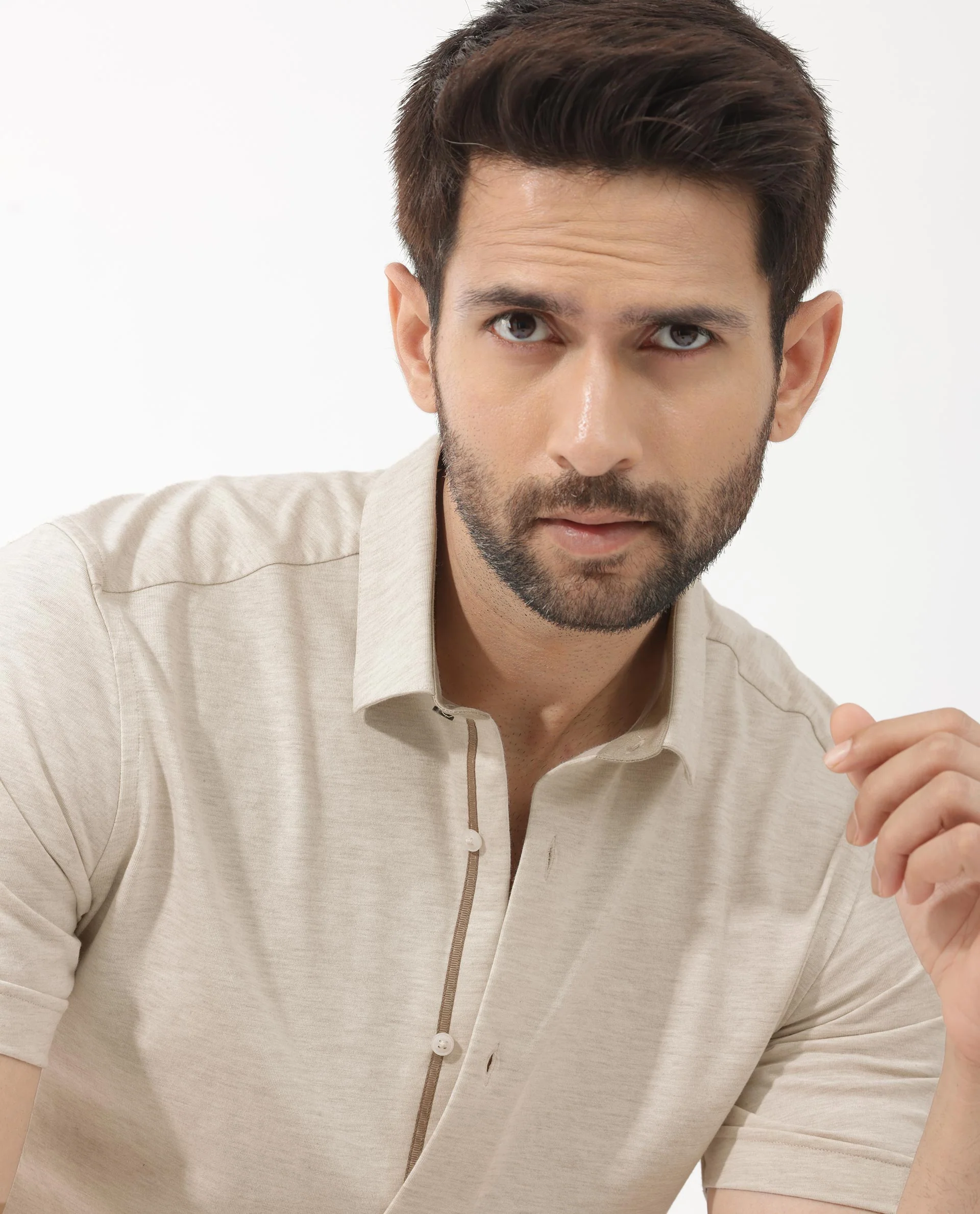 Rare Rabbit Men's Miraje Light Beige Cotton Plain Regular Fit Half Sleeve Collared Shirt - Image 3