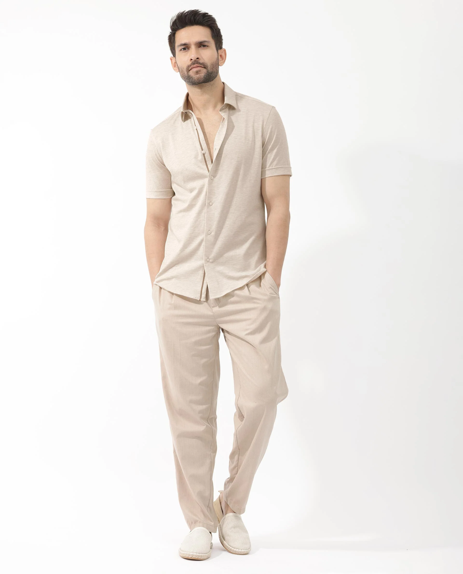 Rare Rabbit Men's Miraje Light Beige Cotton Plain Regular Fit Half Sleeve Collared Shirt - Image 4
