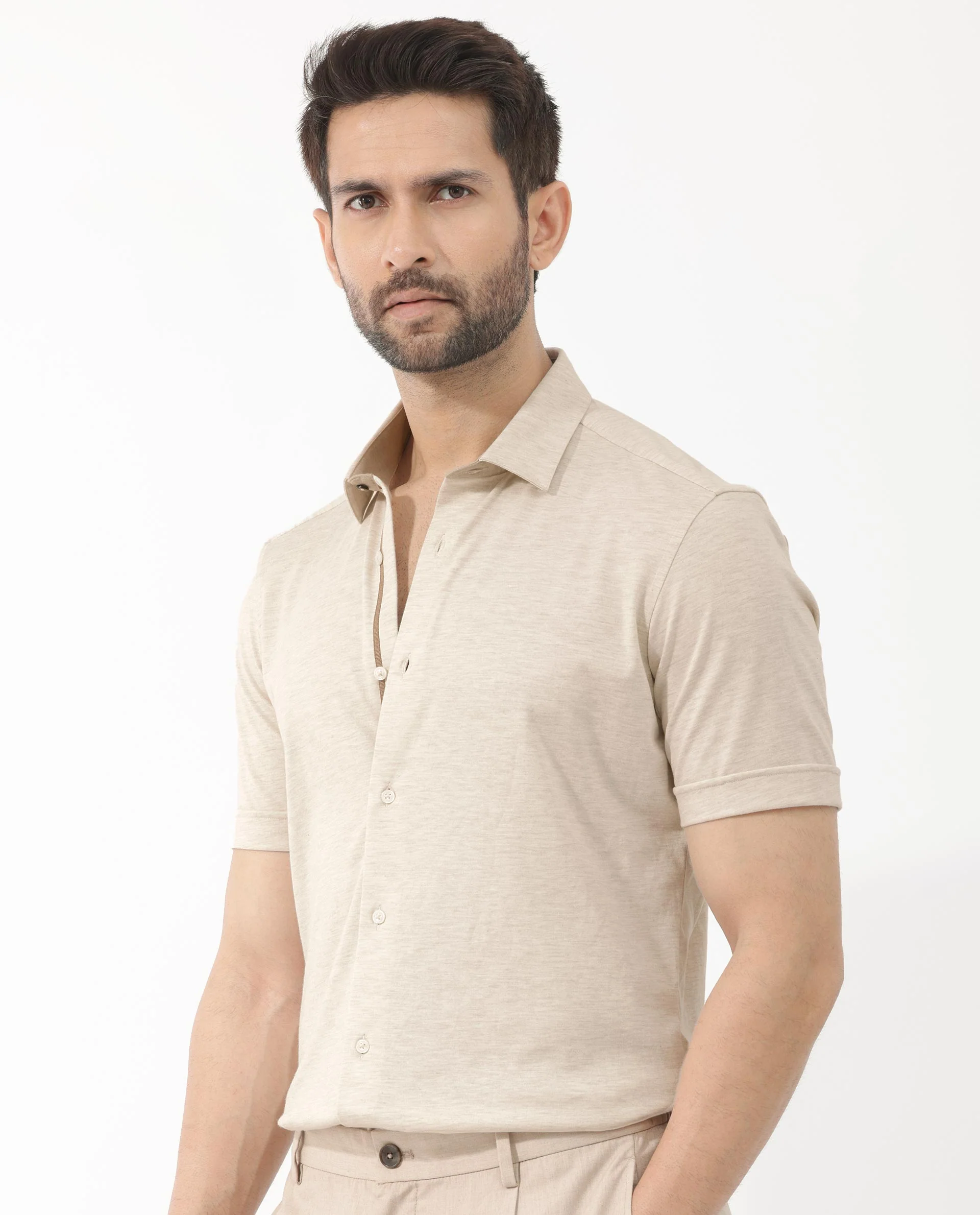 Rare Rabbit Men's Miraje Light Beige Cotton Plain Regular Fit Half Sleeve Collared Shirt - Image 6