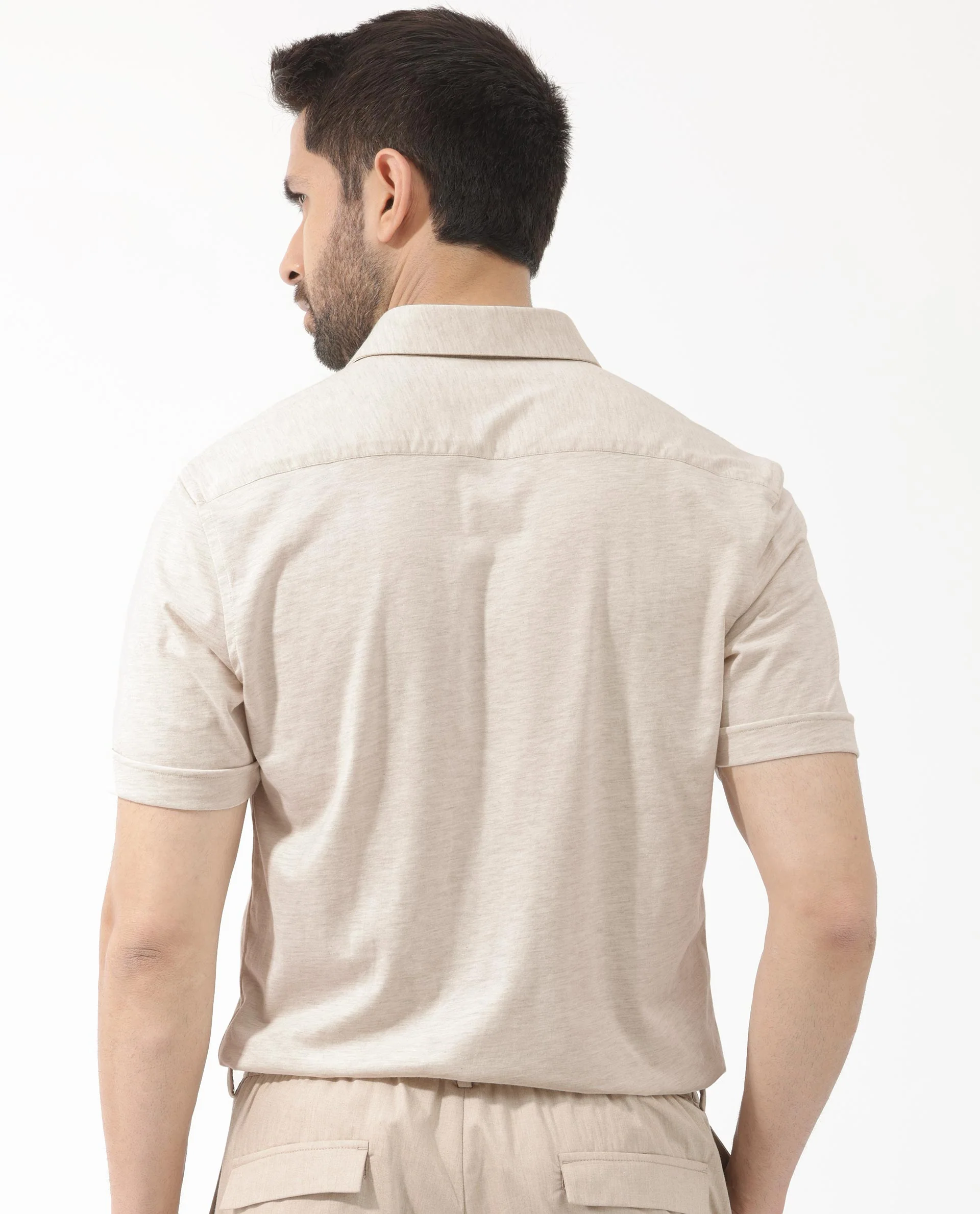 Rare Rabbit Men's Miraje Light Beige Cotton Plain Regular Fit Half Sleeve Collared Shirt - Image 7