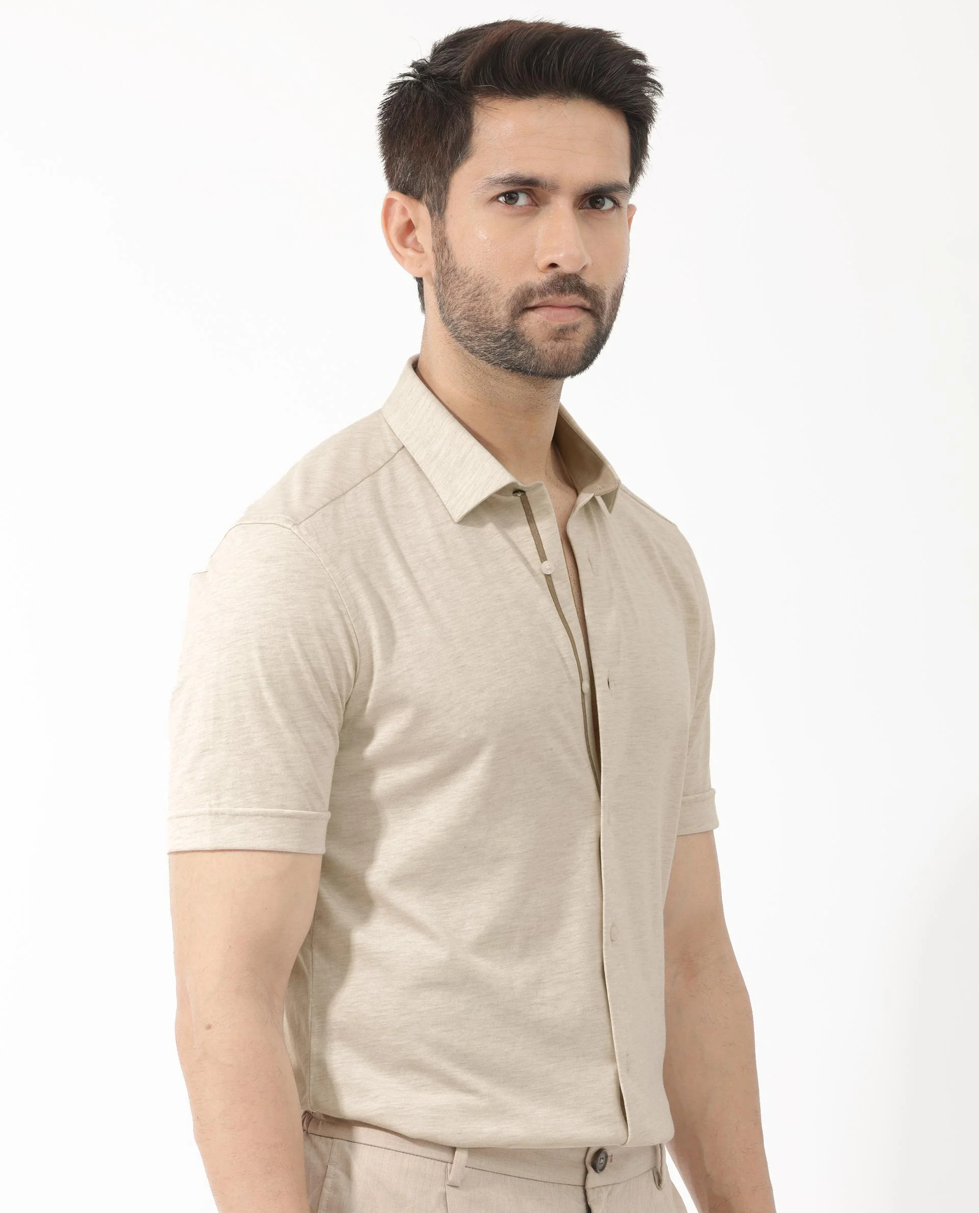 Rare Rabbit Men's Miraje Light Beige Cotton Plain Regular Fit Half Sleeve Collared Shirt - Image 8