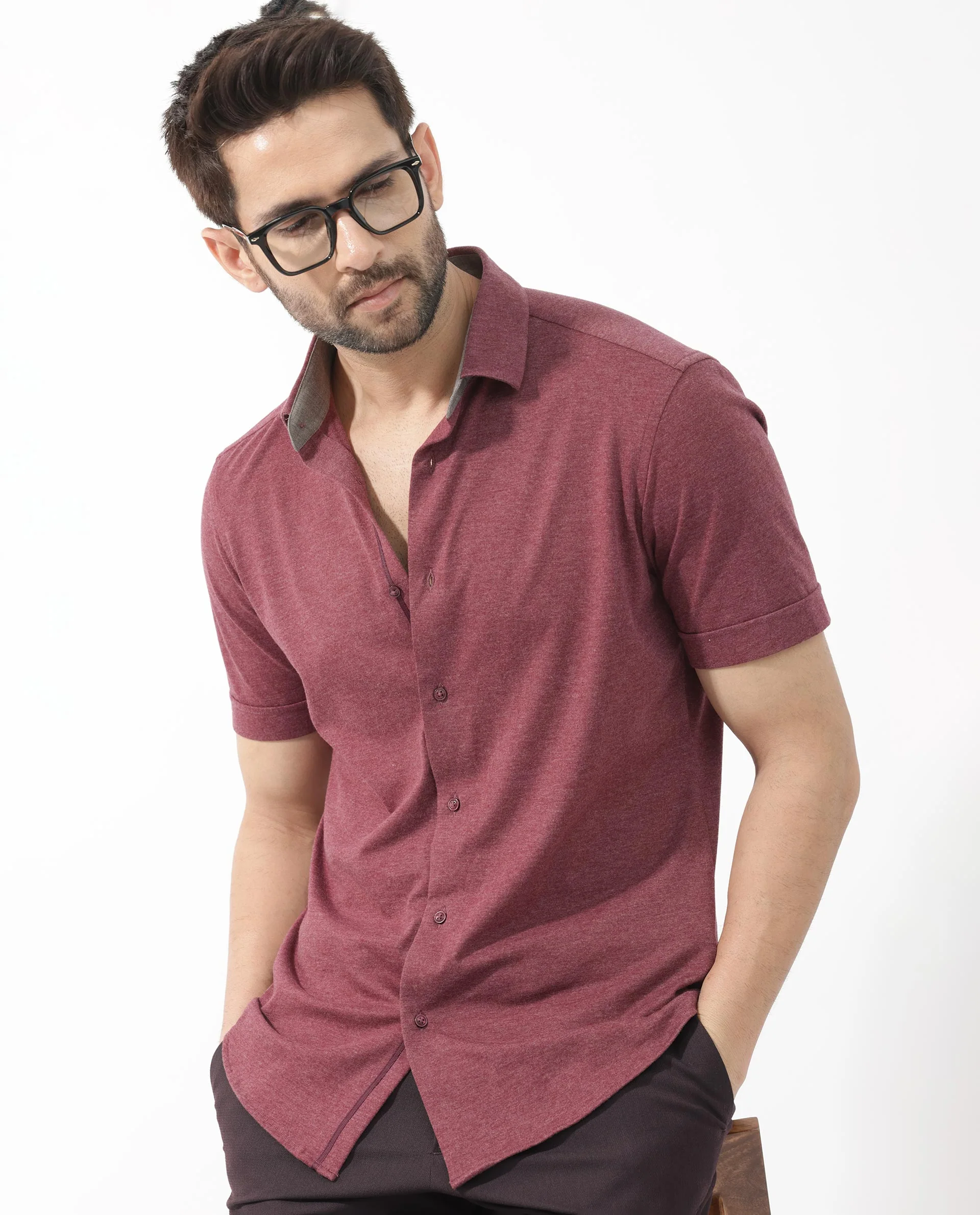 Rare Rabbit Men's Miraje Maroon Cotton Plain Regular Fit Half Sleeve Collared Shirt - Image 3