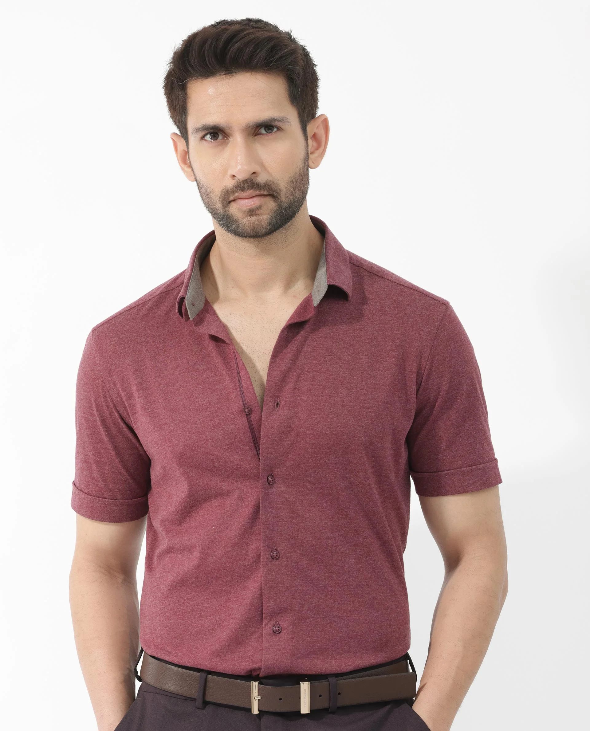 Rare Rabbit Men's Miraje Maroon Cotton Plain Regular Fit Half Sleeve Collared Shirt - Image 6