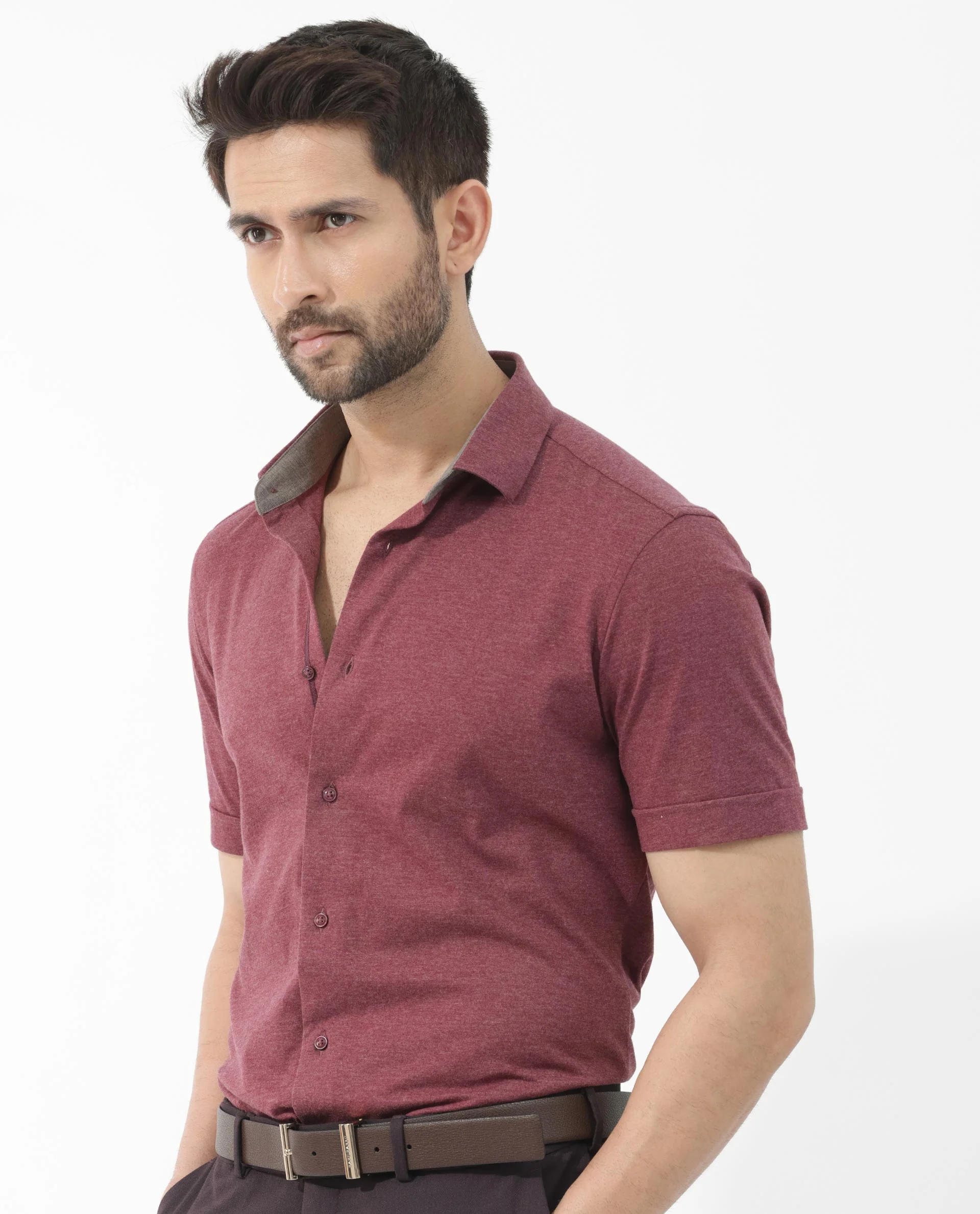 Rare Rabbit Men's Miraje Maroon Cotton Plain Regular Fit Half Sleeve Collared Shirt - Image 7