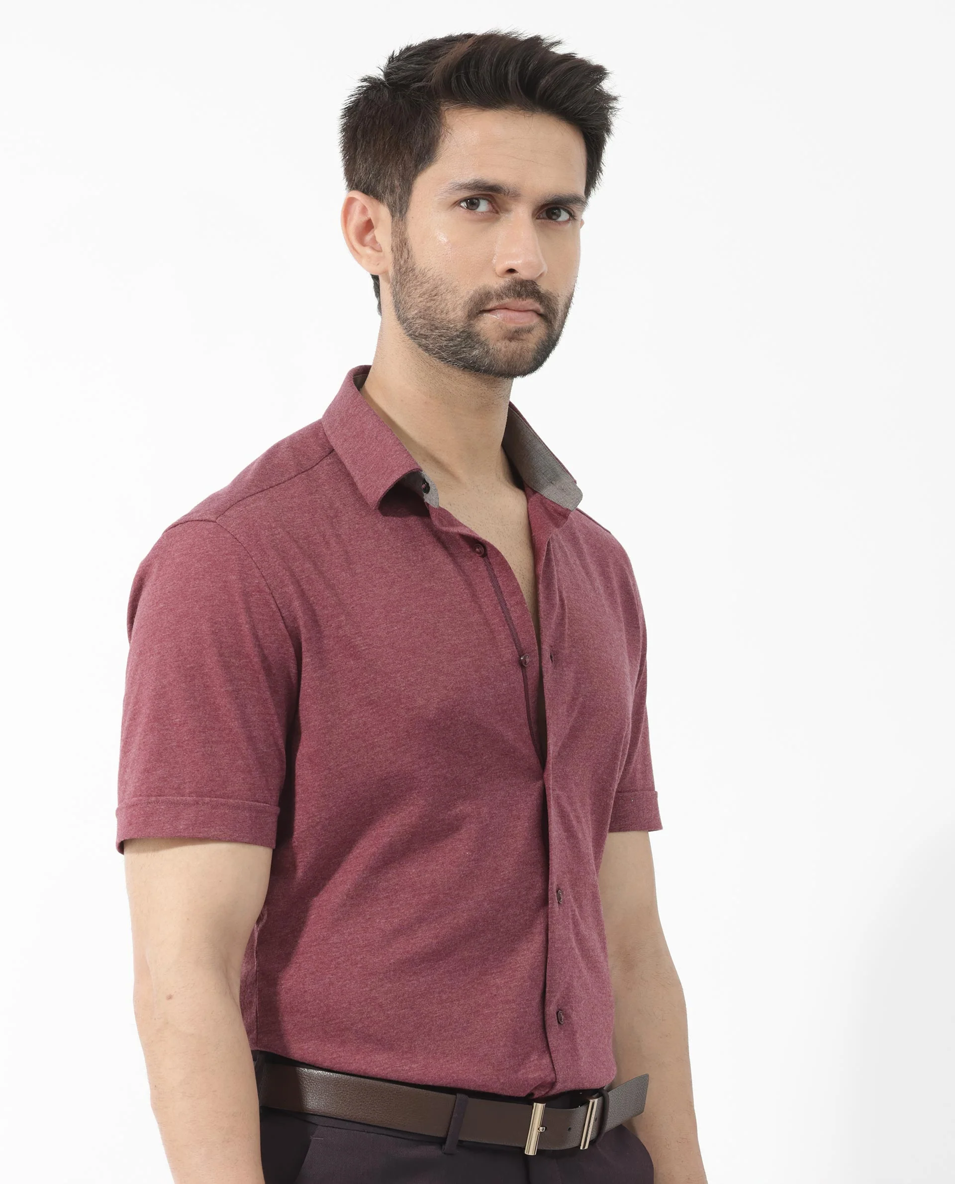 Rare Rabbit Men's Miraje Maroon Cotton Plain Regular Fit Half Sleeve Collared Shirt - Image 8
