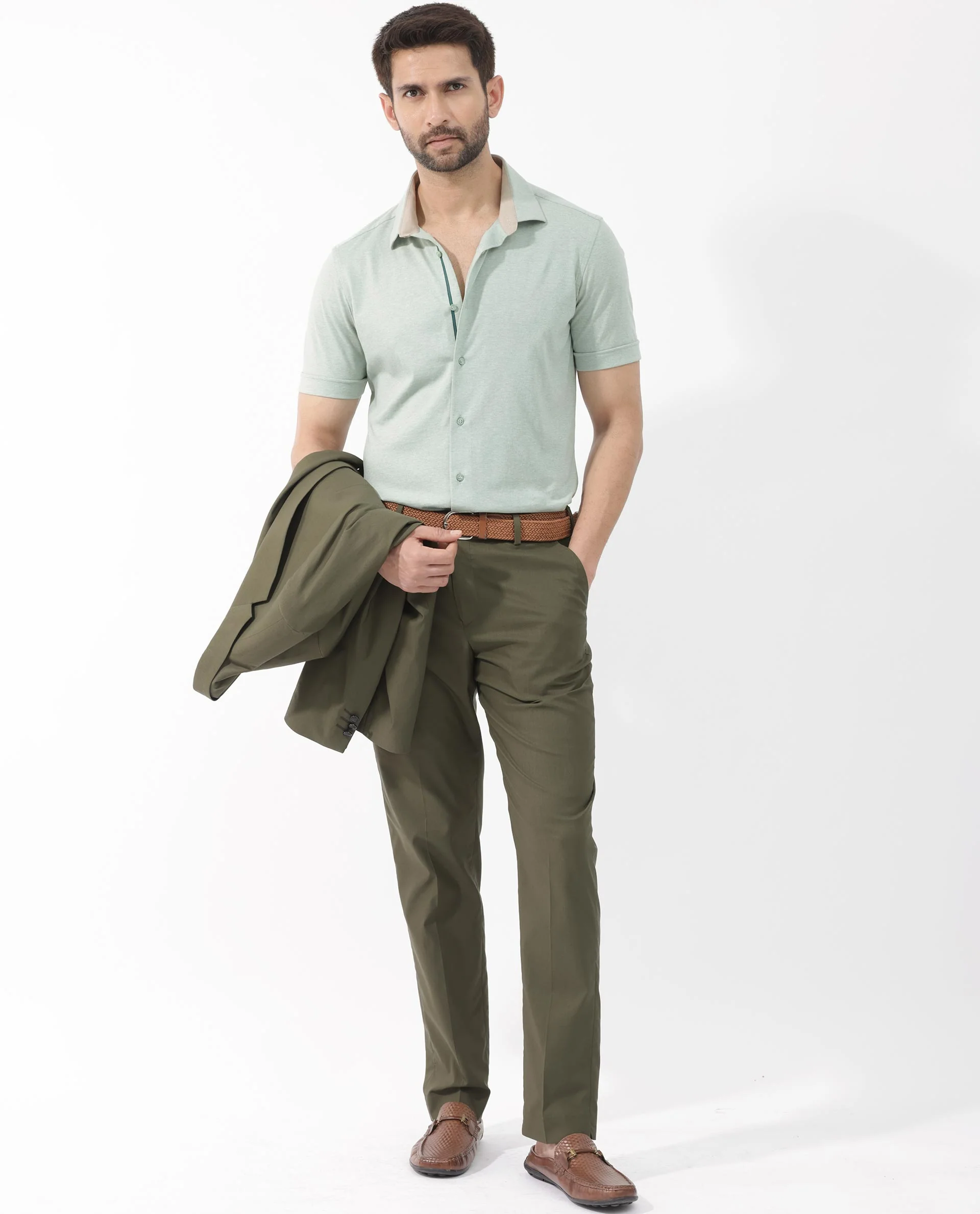 Rare Rabbit Men's Miraje Pastel Green Cotton Plain Regular Fit Half Sleeve Collared Shirt - Image 2