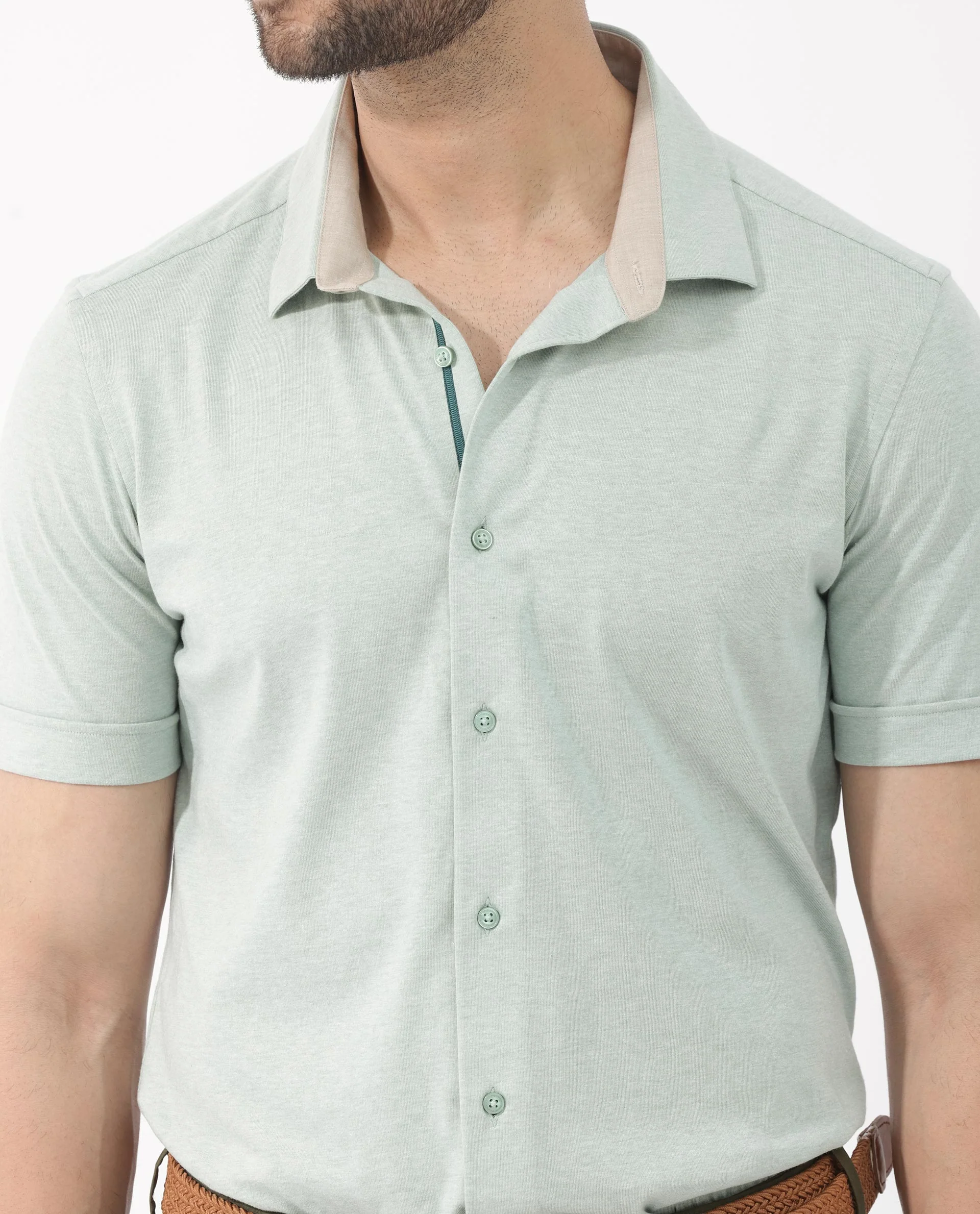 Rare Rabbit Men's Miraje Pastel Green Cotton Plain Regular Fit Half Sleeve Collared Shirt - Image 4