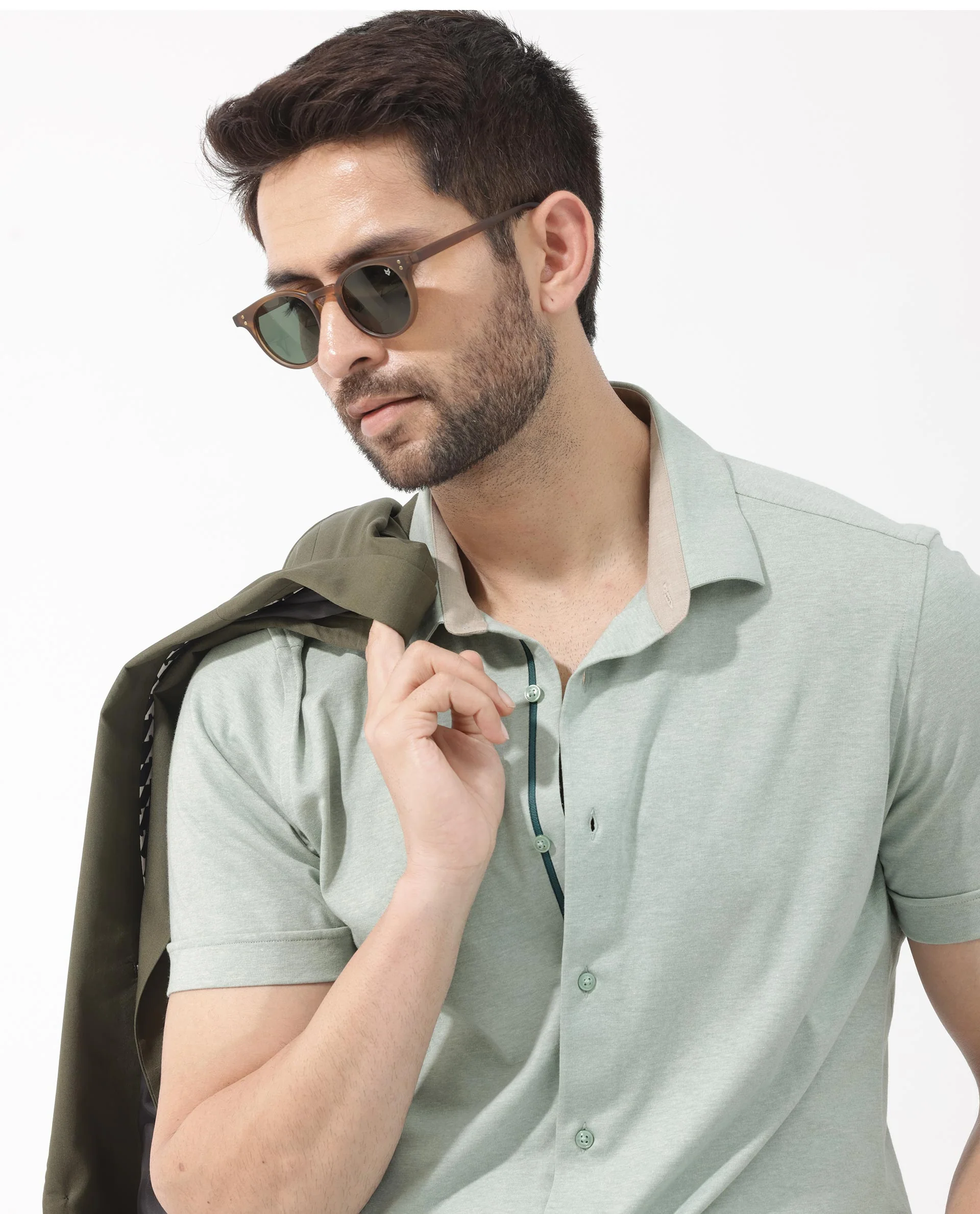Rare Rabbit Men's Miraje Pastel Green Cotton Plain Regular Fit Half Sleeve Collared Shirt - Image 5